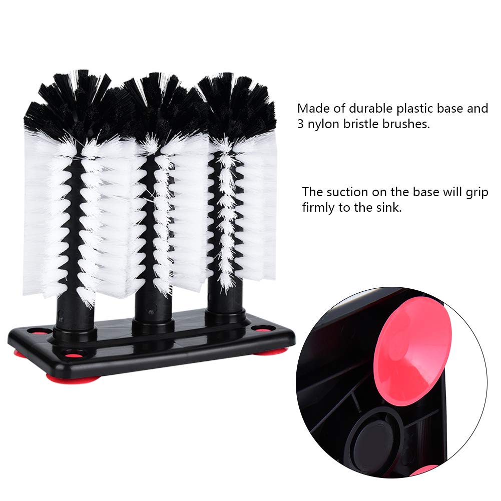 Glass Cup Washer with 3 Brushes & Suction Base - Multi-Purpose Cleaning Tool for Wine Glasses, Mugs, Kitchen Sink - Perfect for Home, Restaurant & Bar Use