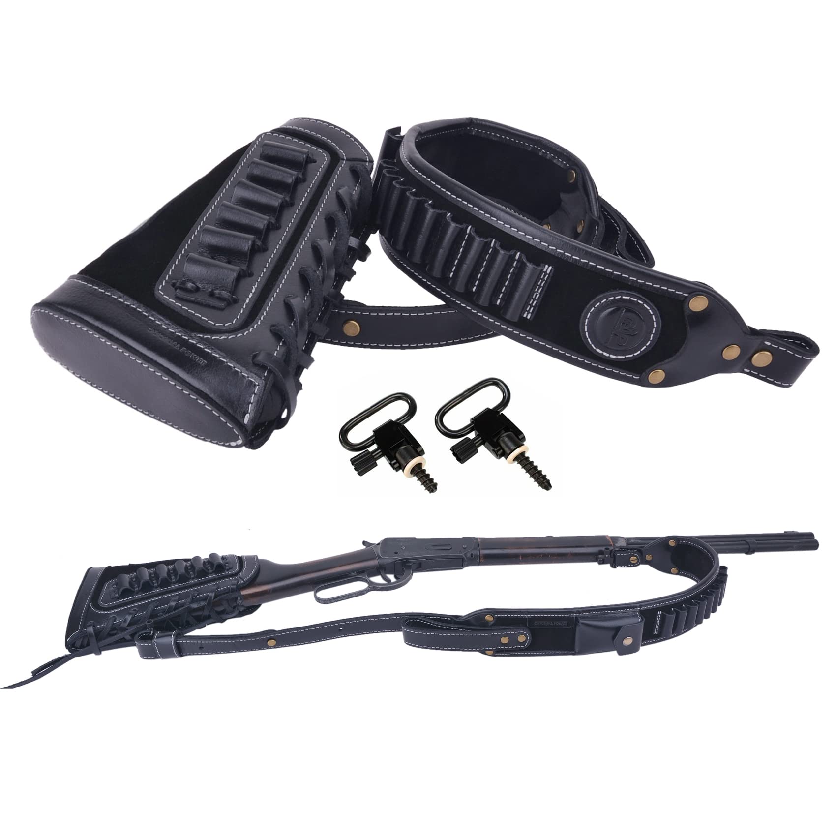 Leather Gun Shell Holder Buttstock with Rifle Sling - Compatible with .30-06, .30-30, .45-70 & .44 Mag - Perfect for Hunting, Shooting Range & Outdoor Adventures