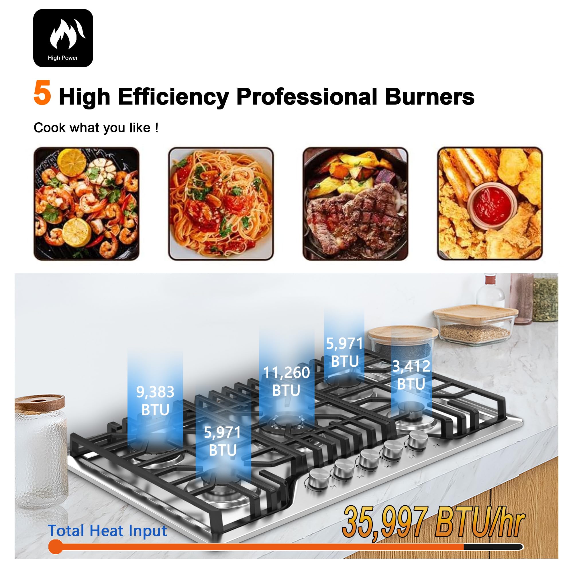 30 Inch 5 Burner Dual Fuel Gas Cooktop - Built-in Stainless Steel Stove Top with Thermocouple Protection | NG/LPG Convertible for Safe & Efficient Cooking | Perfect for Home Kitchens & Outdoor Cooking Areas