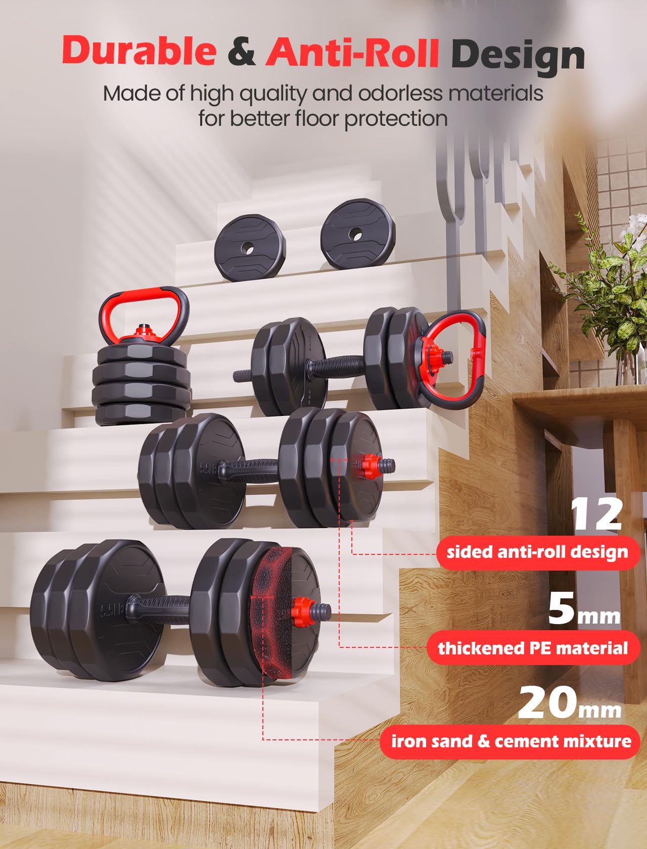 Adjustable Dumbbell Set 20-90lbs - Convertible Free Weights for Home Gym - Use as Dumbbells, Barbell or Kettlebells - Perfect for Strength Training, Weightlifting & Fitness Workouts