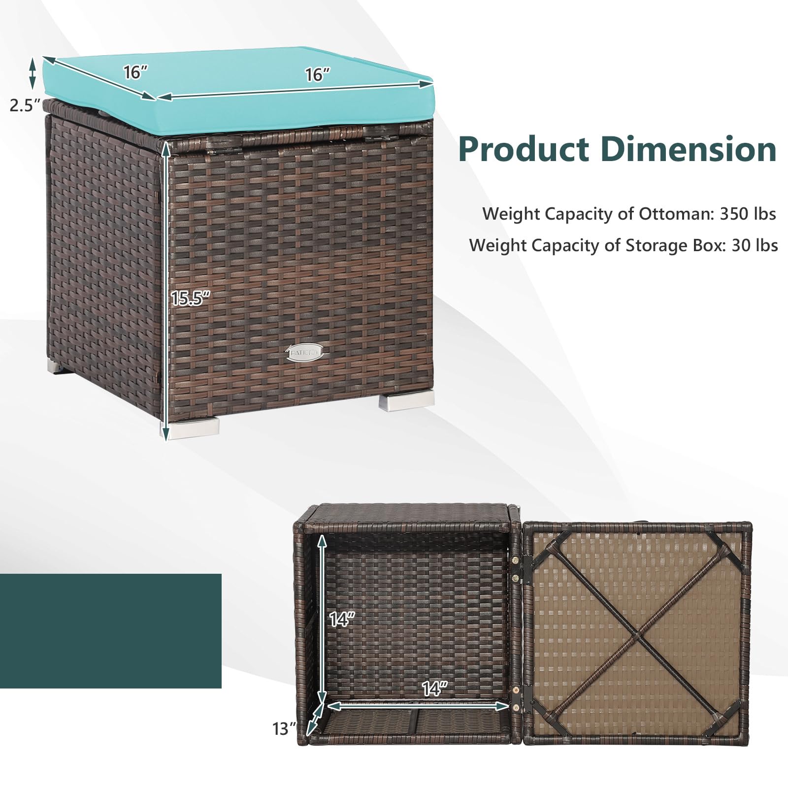 Tangkula 2-Piece PE Rattan Patio Ottoman Set with Removable Cushion & Hidden Storage - Multifunctional Side Table/Seat for Outdoor Living, Backyard, Poolside & Garden (Turquoise) - Perfect for Relaxation, Entertaining & Stylish Storage Solutions