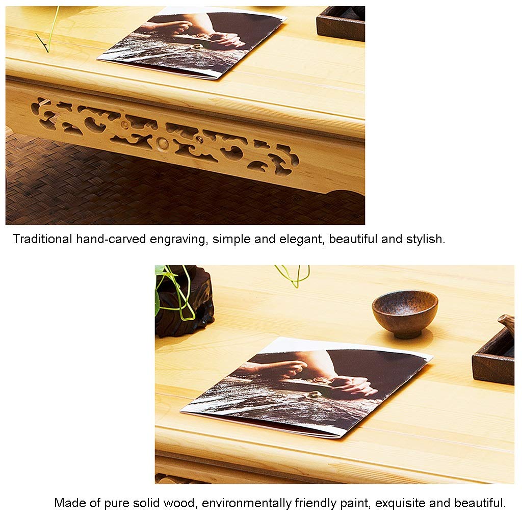 Hand-Carved Solid Wood Coffee Table - Small Rectangular Low Tatami Table for Living Room, Balcony & Bay Window - Multi-Functional Japanese Style Coffee Table for Tea Ceremony, Reading Nook & Home Decor