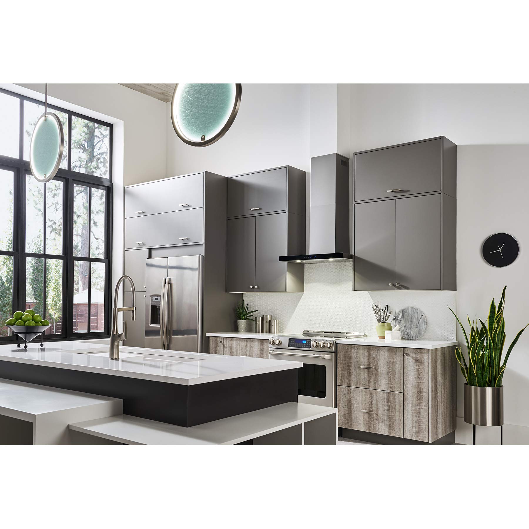 Broan-NuTone BWT2304SSB Stainless Steel Black Glass Convertible Wall-Mount LED Range Hood with T-Style Chimney - Perfect for Modern Kitchen Ventilation & Smoke Removal