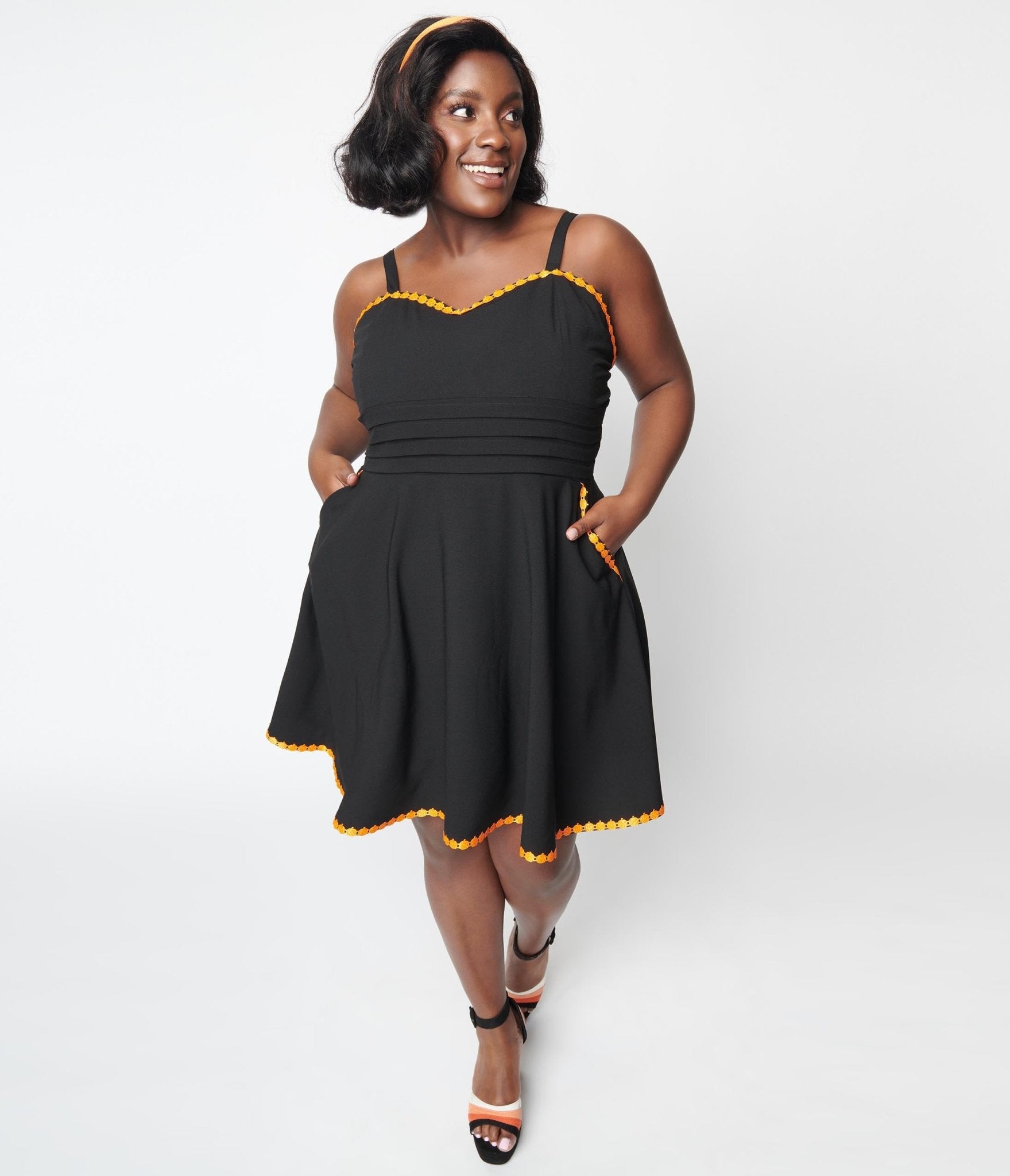 Vintage Black & Pumpkin Trim Follow Your Heart Fit & Flare Dress - Retro Style Women's Party Dress for Halloween, Thanksgiving & Fall Occasions
