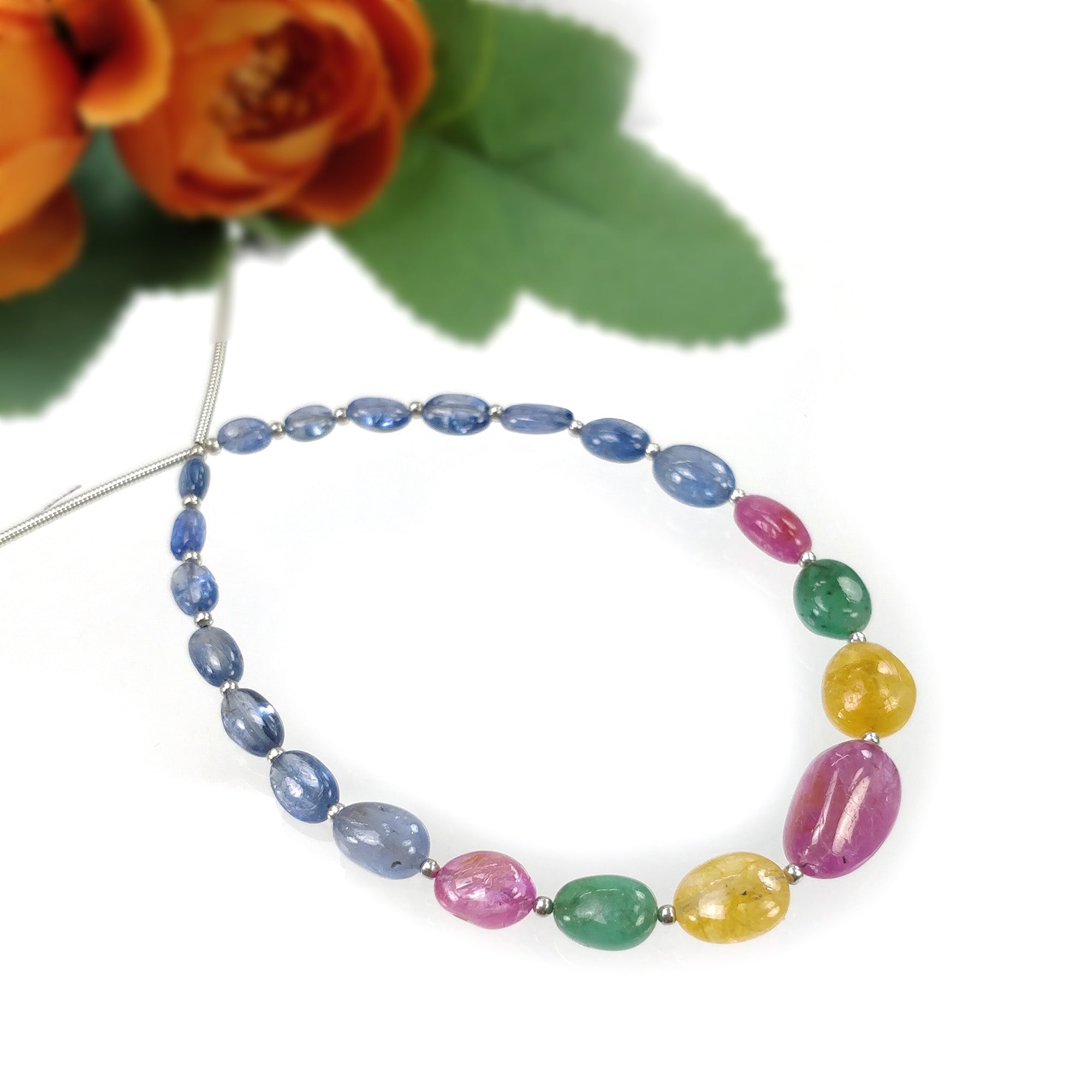 Natural Untreated Burmese Pink Blue & Yellow Sapphire Emerald Loose Beads - 41.00cts Oval Plain Nuggets (5*4mm to 13*8.5mm) for Jewelry Making, DIY Crafts & Gemstone Collection