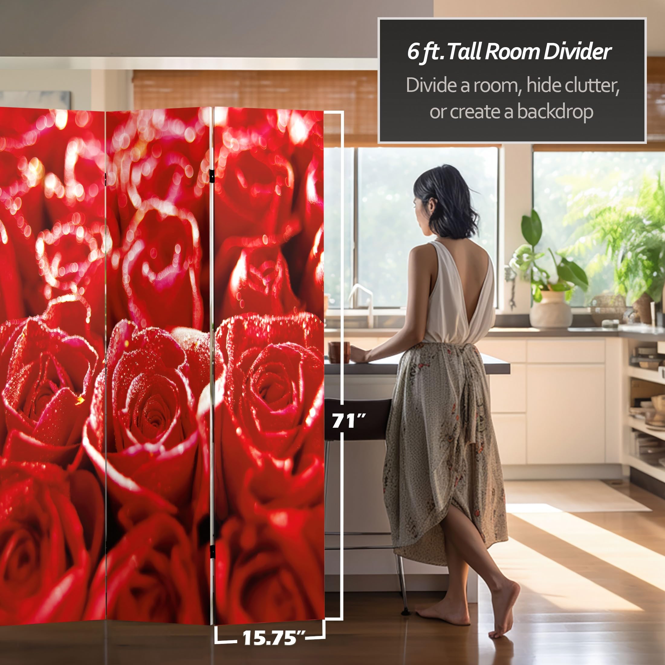 6 ft Tall Double Sided Rose Room Divider - 3 Panel Folding Privacy Screen with Floral Bouquet Design for Home, Office, and Wedding Decor (71 Inches High) | Perfect for Room Separation, Event Backdrop, and Photo Booth Background