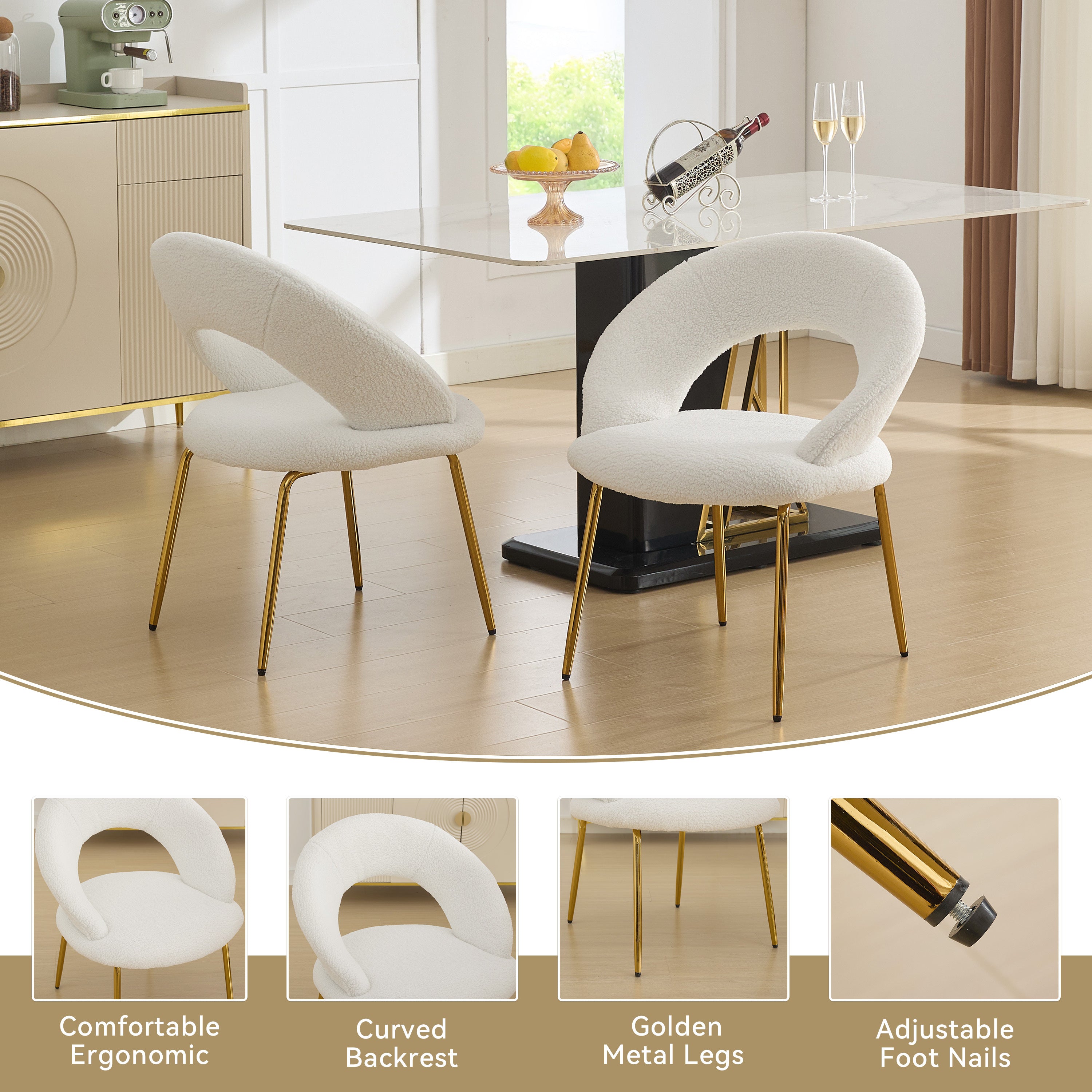 Teddy Fabric Dining Chairs Set of 1 - White Upholstered Kitchen Chairs with Curved Backrest & Gold Metal Legs for Dining Room, Breakfast Nook or Small Space Decor