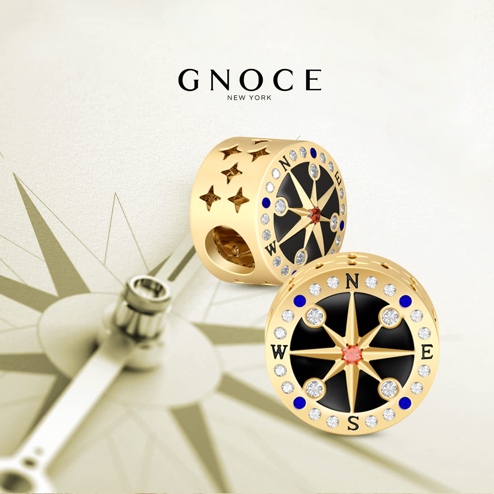 GNOCE 925 Sterling Silver Compass Charm Bead - 'You Are My World' Jewelry Gift for Women & Men, Perfect for Bracelets & Necklaces - Ideal for Christmas, Anniversaries & Travel Accessories (2 Gold)