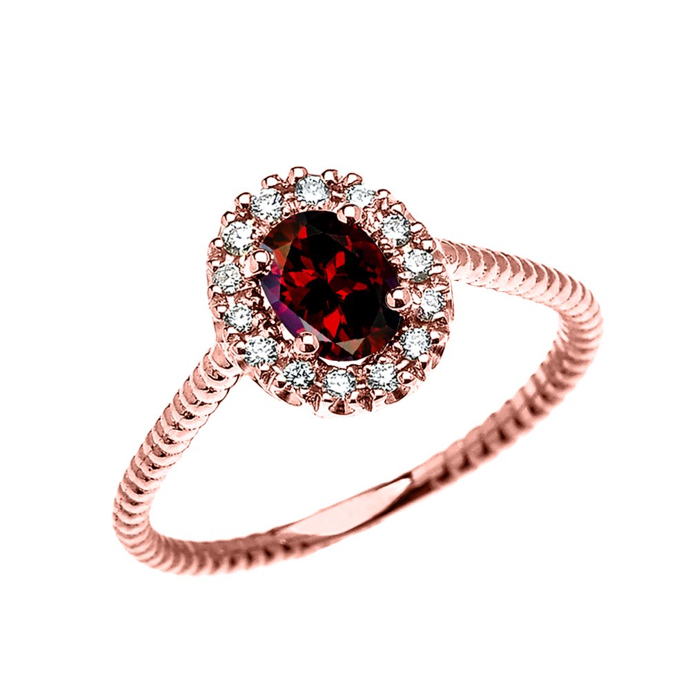 14K Rose Gold Dainty Oval Halo Diamond & Solitaire Garnet Rope Design Engagement Ring, Promise Ring for Women - Perfect for Proposals, Anniversaries, Valentine's Day Gifts