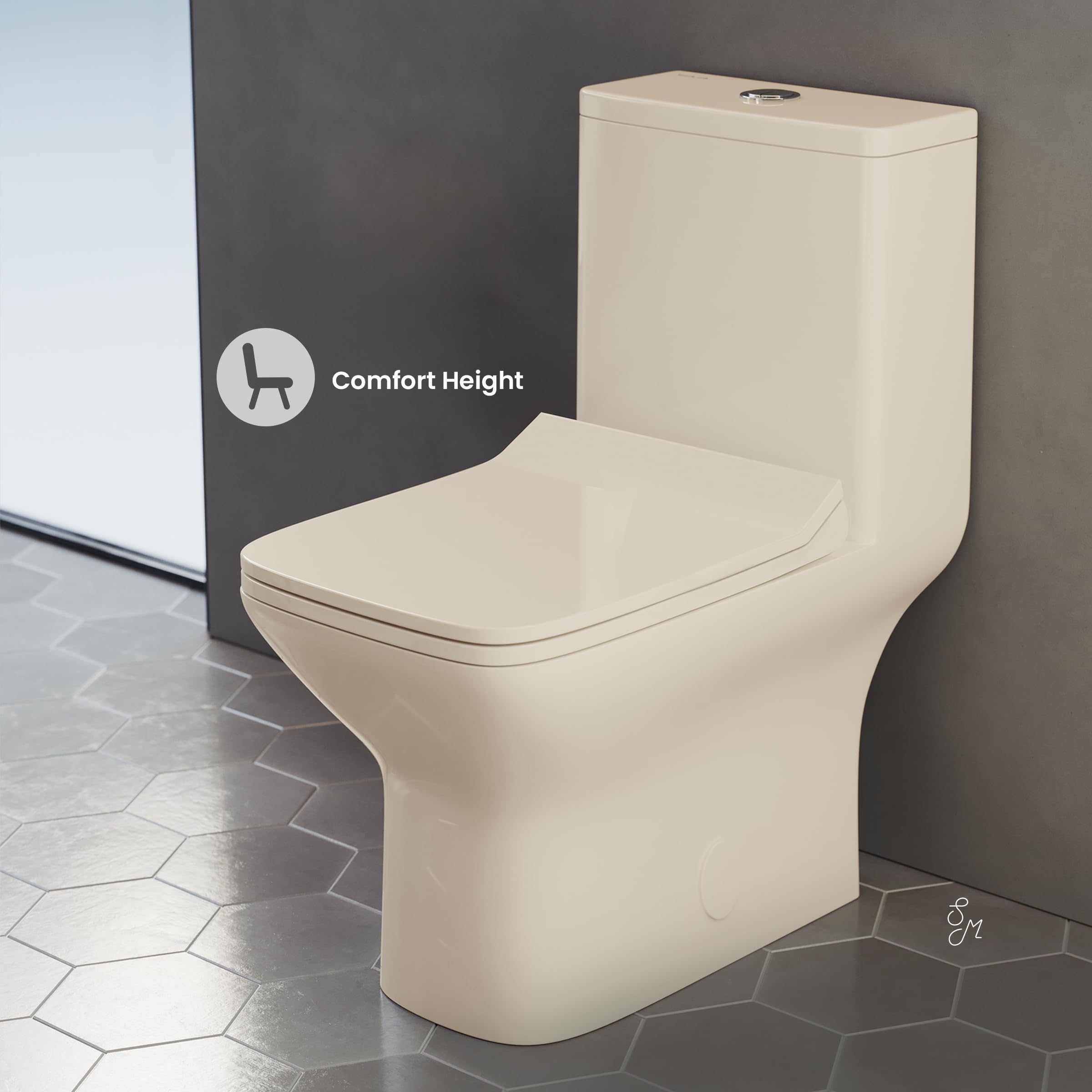 Swiss Madison SM-1T256 Carre Modern One-Piece Square Toilet - Dual Flush 1.1/1.6 GPF - Compact Bathroom Toilet in Bisque | Perfect for Small Bathrooms & Contemporary Home Decor