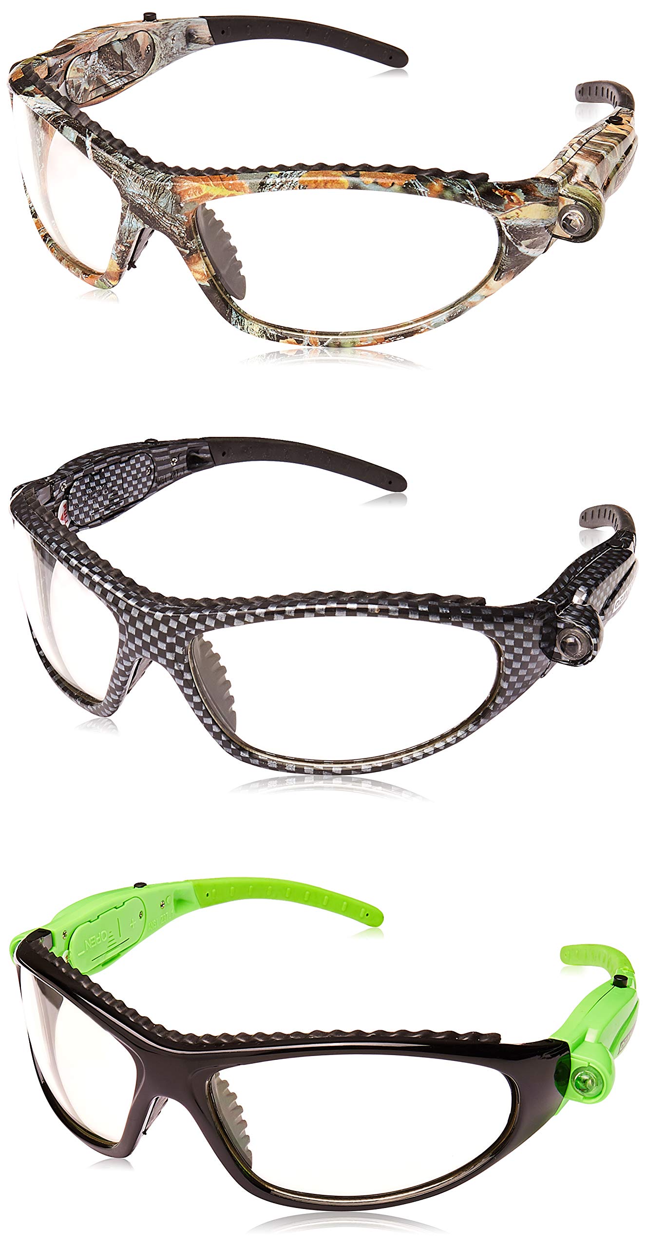 OEMTOOLS 26021 LED Safety Glasses with Built-in Lights - 3 Pack (Hi-Vis Green, Camo, Carbon Fiber) - Direct Focus Illumination for Low Light Work - Perfect for Construction, Nighttime Repairs & DIY Projects