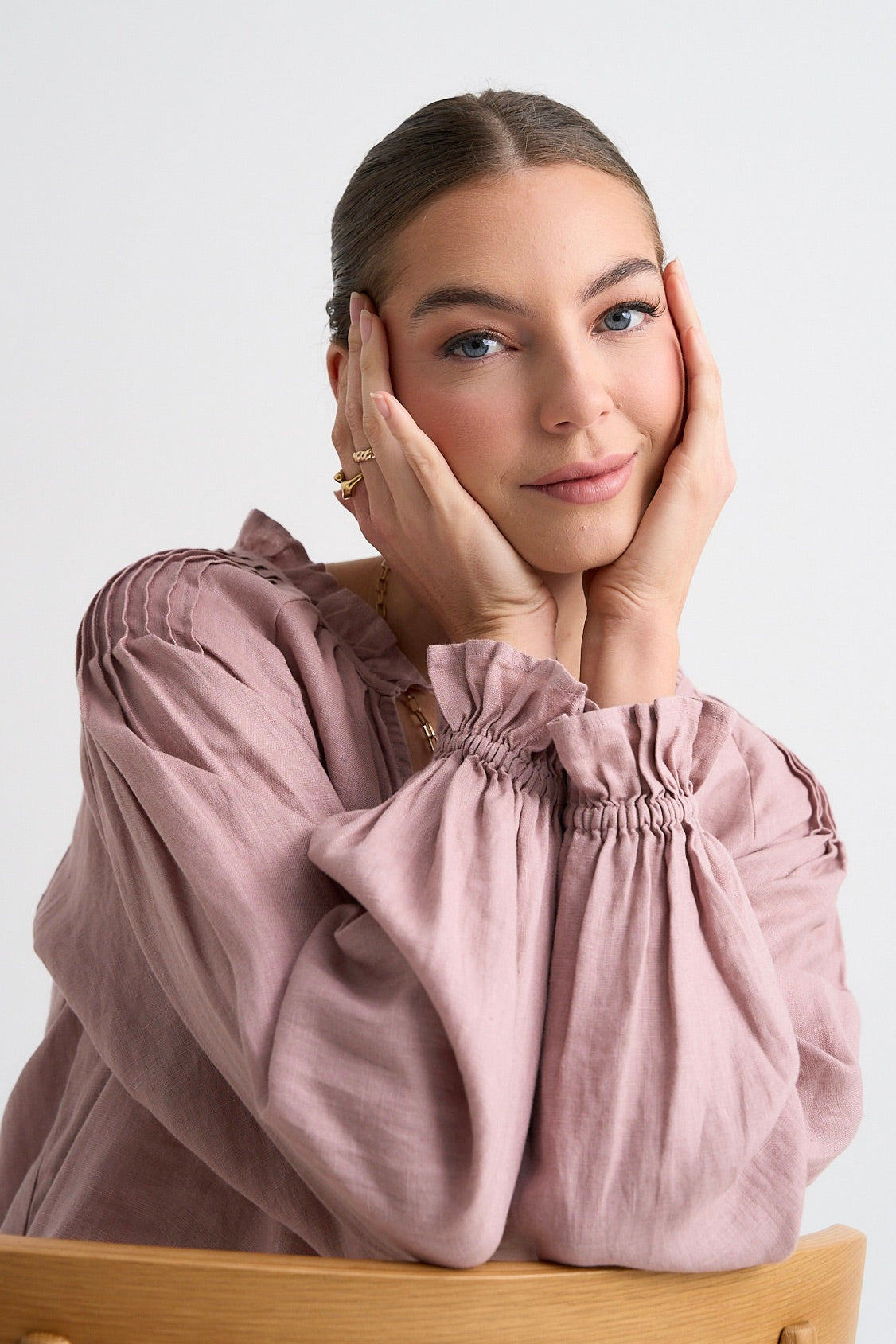 Birch Pink Clay Linen Pintuck Shoulder Tie Neck Top - Women's Elegant Blouse for Casual Wear, Office & Date Night Outfits