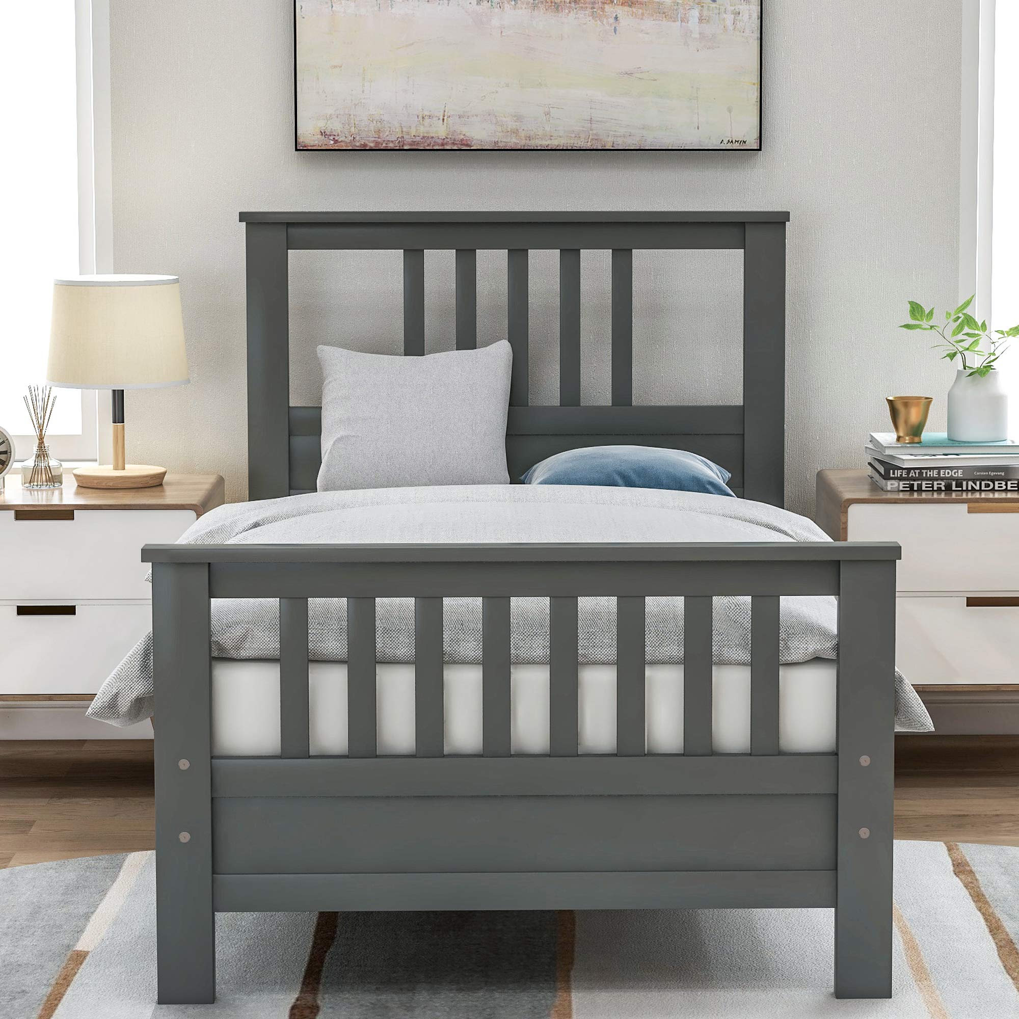 P PURLOVE Twin Wood Platform Bed Frame with Headboard & Footboard - Sturdy Wood Slat Support, Gray - Perfect for Kids' Rooms, Guest Bedrooms & Small Spaces