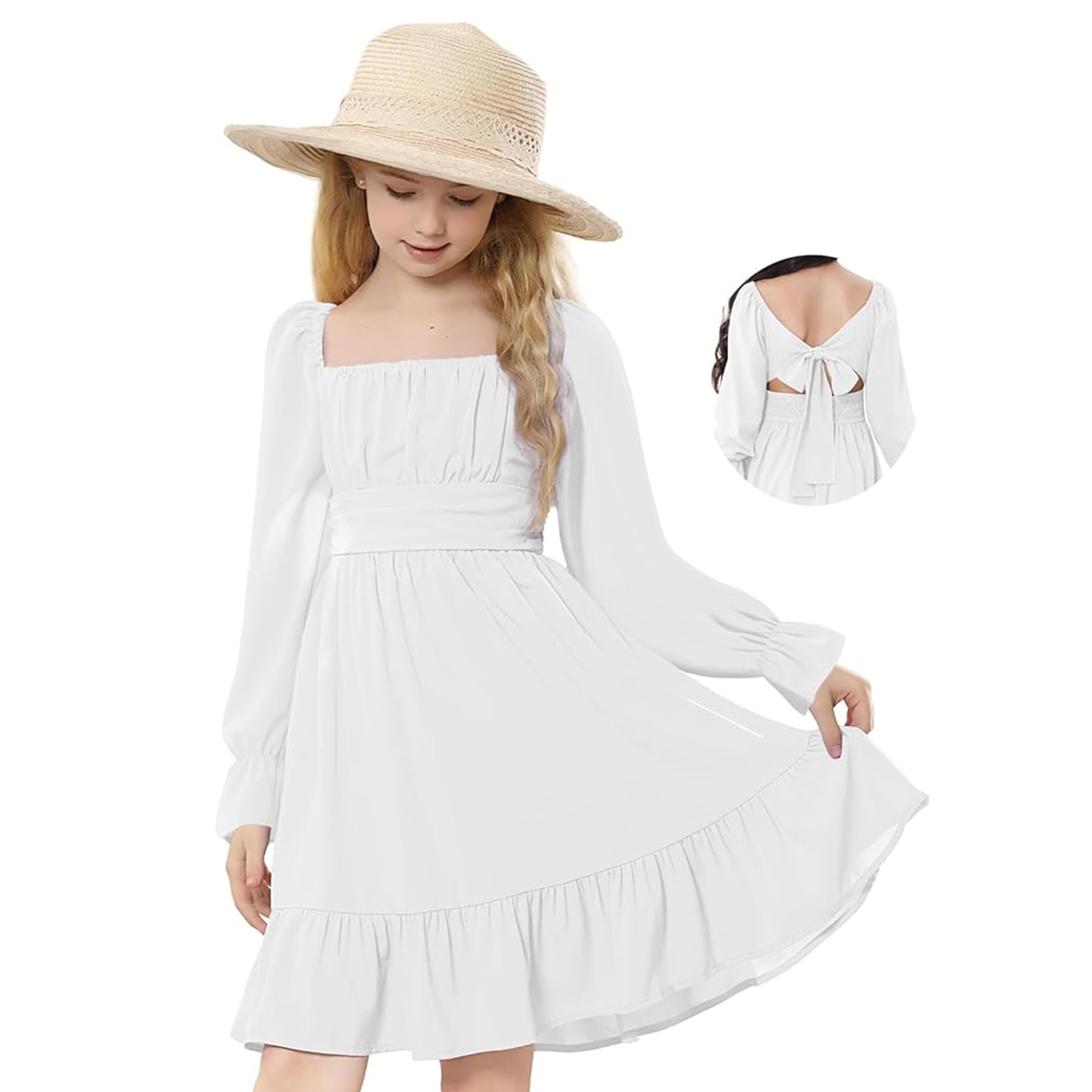 Zando Girls Long Sleeve Back Tie Dresses for Juniors Age 6-16 | Spring Floral Party Dress for School, Easter & Special Occasions