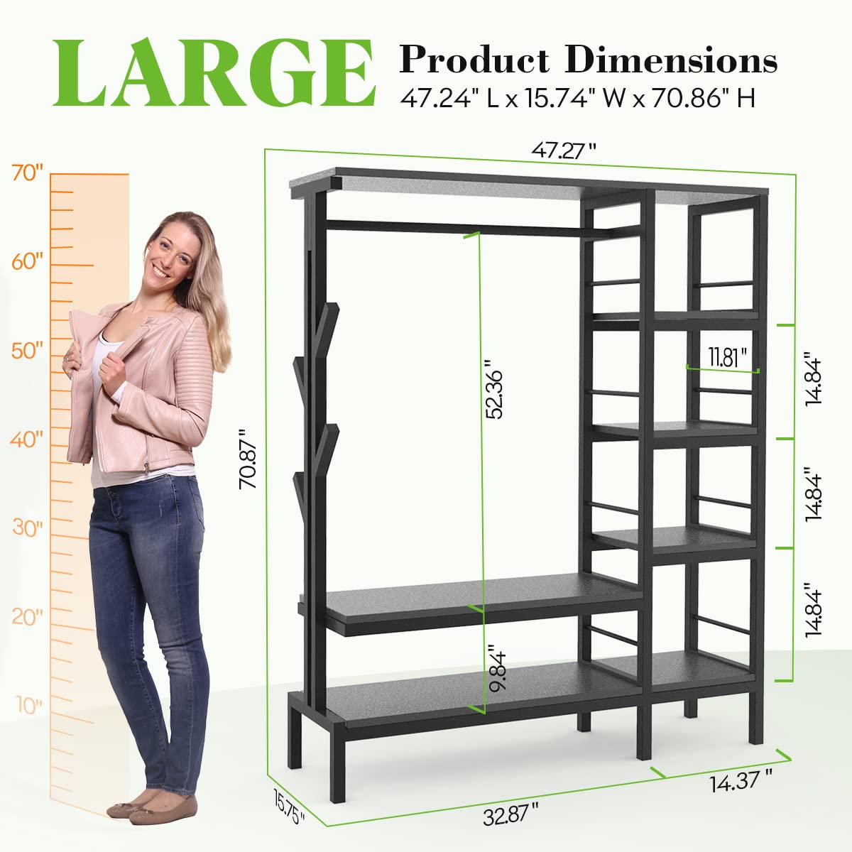 HOKEEPER 650lbs Heavy Duty Free Standing Closet Organizer with 6 Metal Shelves & Coat Rack - Sturdy Clothing Rack for Hanging Clothes, Wardrobe Storage, Bedroom, Closet Organization - Perfect for Small Spaces, Dorm Rooms & Apartment Living
