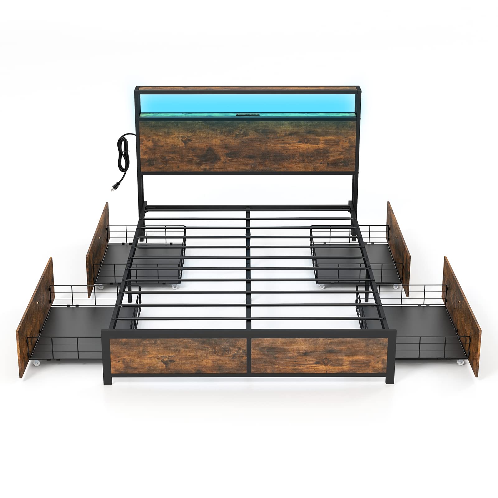 Giantex Full Size LED Bed Frame with USB Charging Station & Storage Drawers - Modern Metal Platform Bed with Outlet & Smart Lighting - Perfect for Small Apartments, Dorms & Smart Homes (No Box Spring Needed, Easy Assembly)