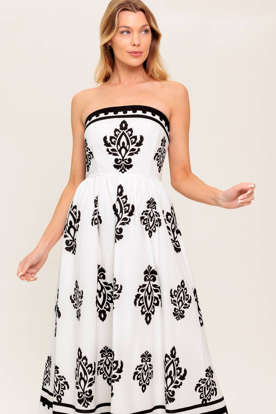 CAFE IN PARIS Strapless Midi Dress - Ivory & Black Floral Print Summer Dress for Beach Wedding, Vacation & Date Night