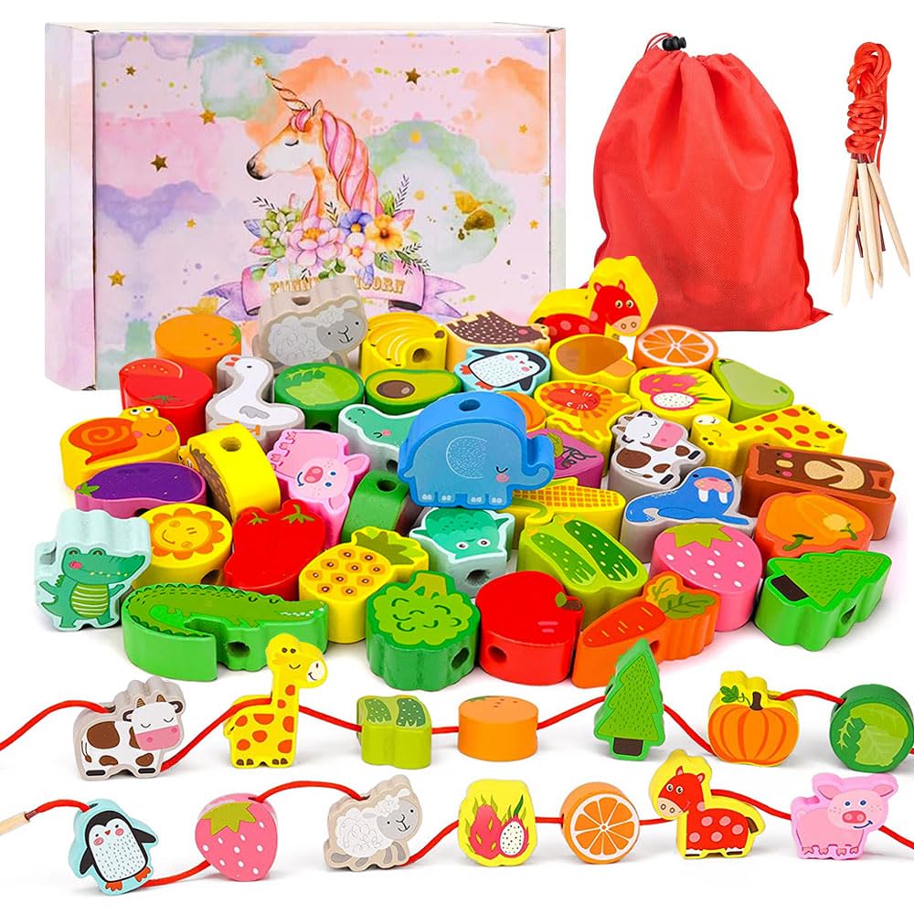 TOLOYE Wooden Montessori Threading Toys for Toddlers - Animals, Fruits & Vegetables Lacing Beads - Educational Learning Toys for 3-4 Year Old Boys & Girls - Perfect for Fine Motor Skills Development & Preschool Learning Activities