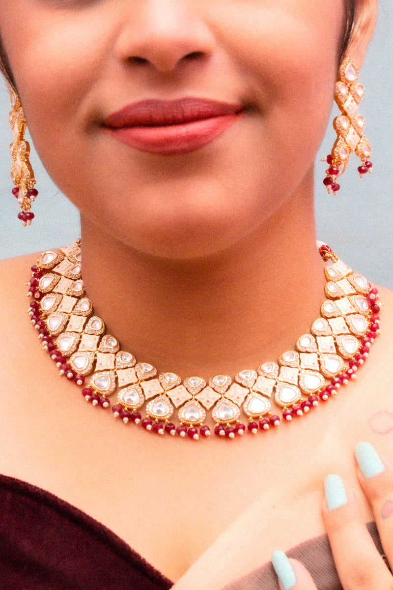 Luxury Gold Plated Royal Kundan Necklace and Earrings Set for Women - Indian Bridal Jewelry, Wedding Party Accessories, Ethnic Fashion Statement