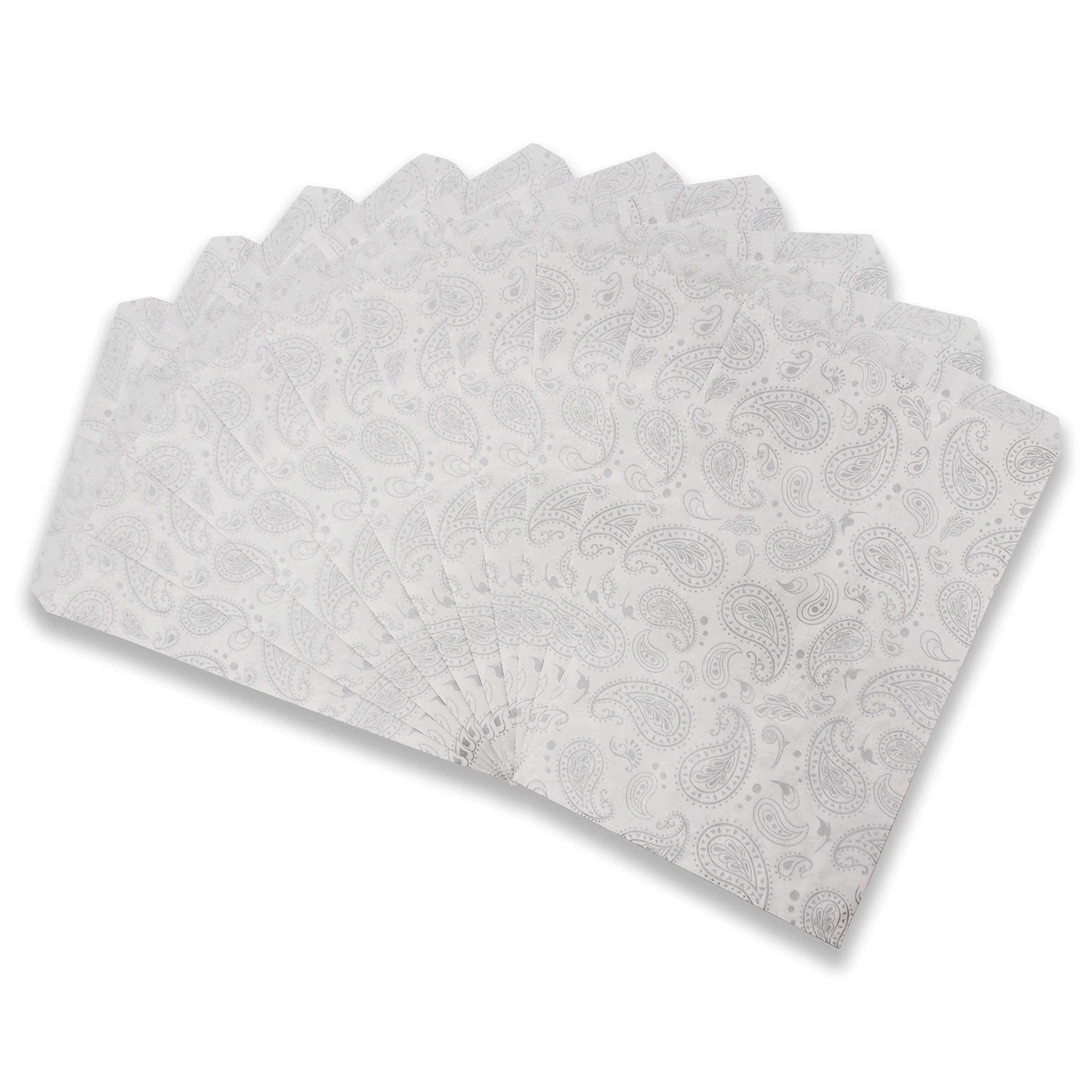 100 Pack 6x9 Inch Decorative Flat Paper Gift Bags - Elegant Silver Paisley Design on White Kraft - Perfect for Party Favors, Wedding Treats, Holiday Gifts & Cookie Packaging (N'icePackaging)