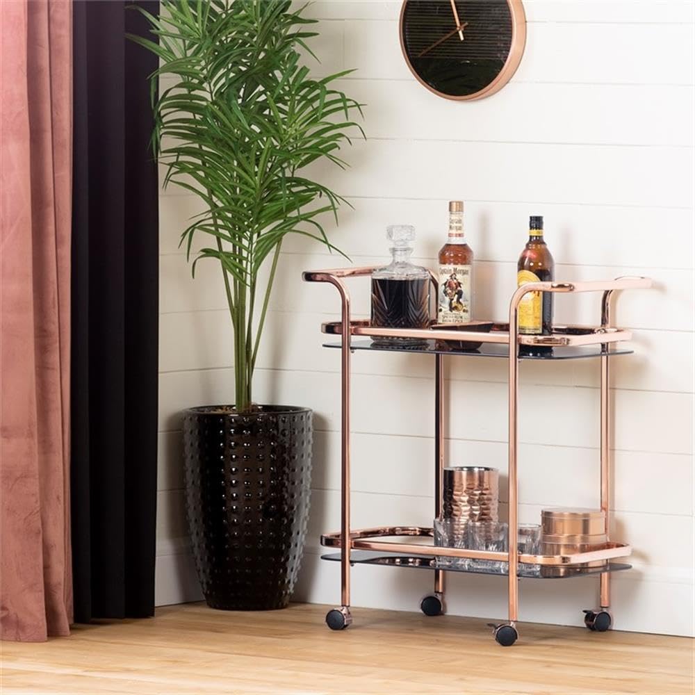 South Shore Maliza Bar Cart with Rose Gold Frame & Smoked Glass Shelves - Stylish Rolling Drink Cart for Home Bar, Kitchen, or Party Serving - Perfect for Wine, Cocktails, and Entertaining