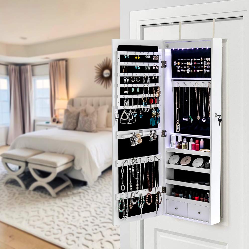 White Wall-Mounted Jewelry Armoire Cabinet with Full-Length Mirror, LED Lights & Lockable Drawers - Large Jewelry Organizer for Necklaces, Rings & Accessories - Perfect for Bedroom Closet or Walk-In Wardrobe Organization