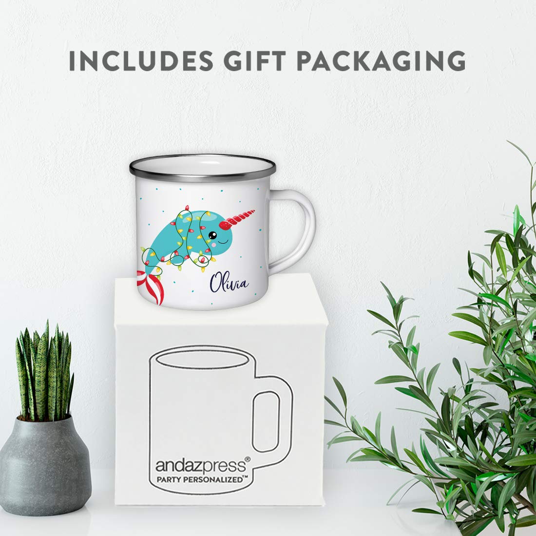**Personalized Kids Christmas Hot Chocolate Mug - 11oz Stainless Steel Campfire Coffee Cup with Narwhal Design - Custom Name for Child's Birthday & Holiday Gift - Perfect for Hot Cocoa, Camping & Festive Celebrations**