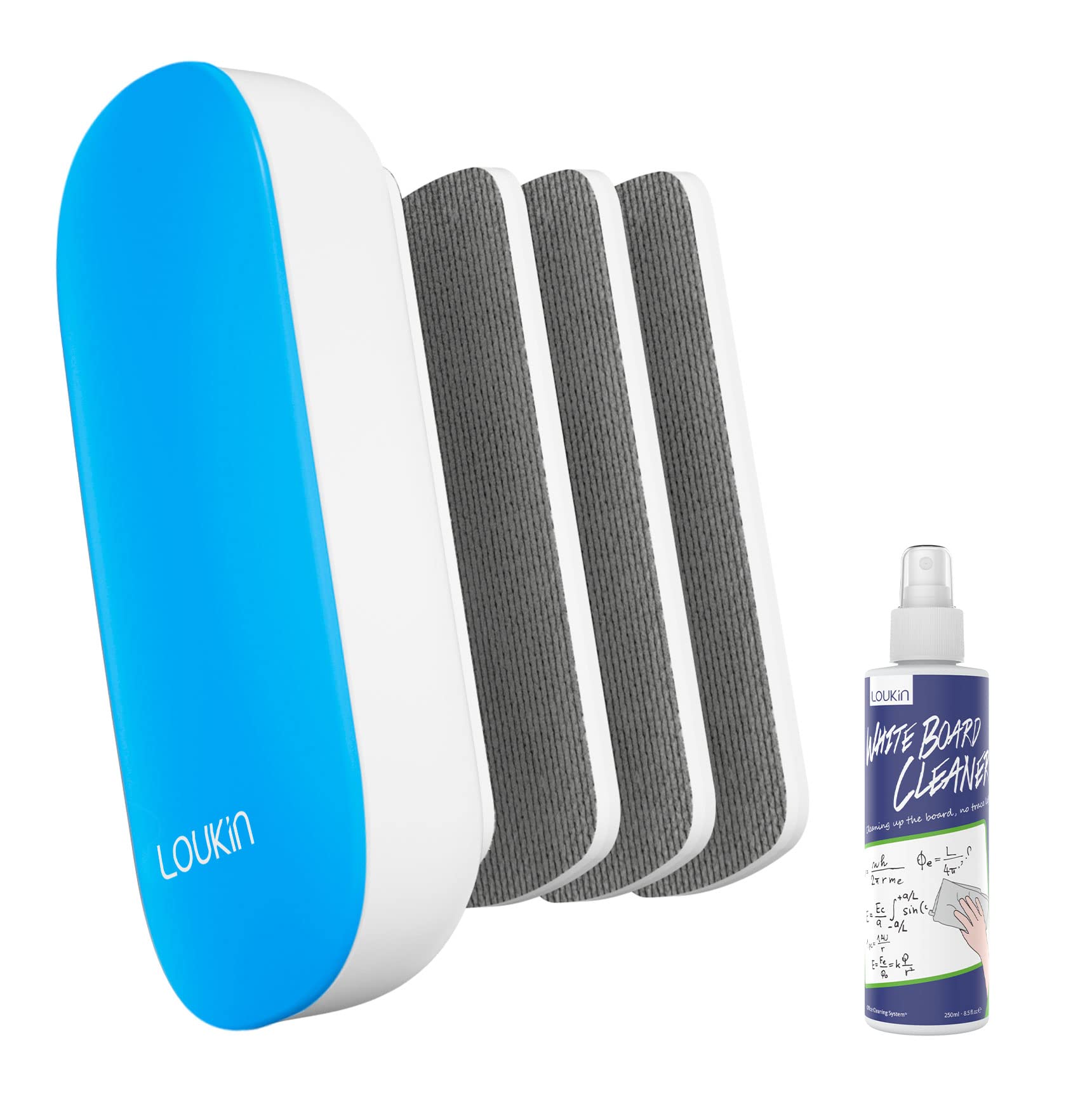 Magnetic Whiteboard Eraser with 3 Replaceable Felt Pads - 4-in-1 Glass Dry Erase Board Cleaner (Blue) - Includes 3.4 fl oz Whiteboard Cleaner - Perfect for Classrooms, Offices & Home Use