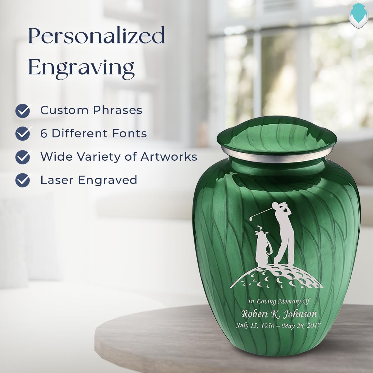 Personalized Golf Cremation Urn for Ashes - Large Pearl Green Funeral Urn for Men & Women with Double-Side Engraving (Holds 200 lbs) - Perfect for Memorials, Golf Enthusiasts & Funeral Services