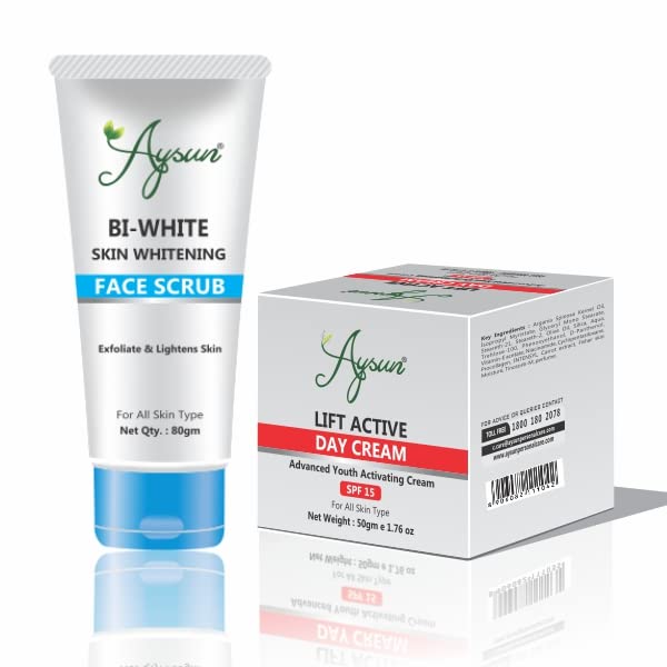 Aysun 2-Pack Skin Whitening Face Scrub & Lift Active Day Cream (50g) - Brightening & Anti-Aging Skincare Set for Daily Face Care Routine