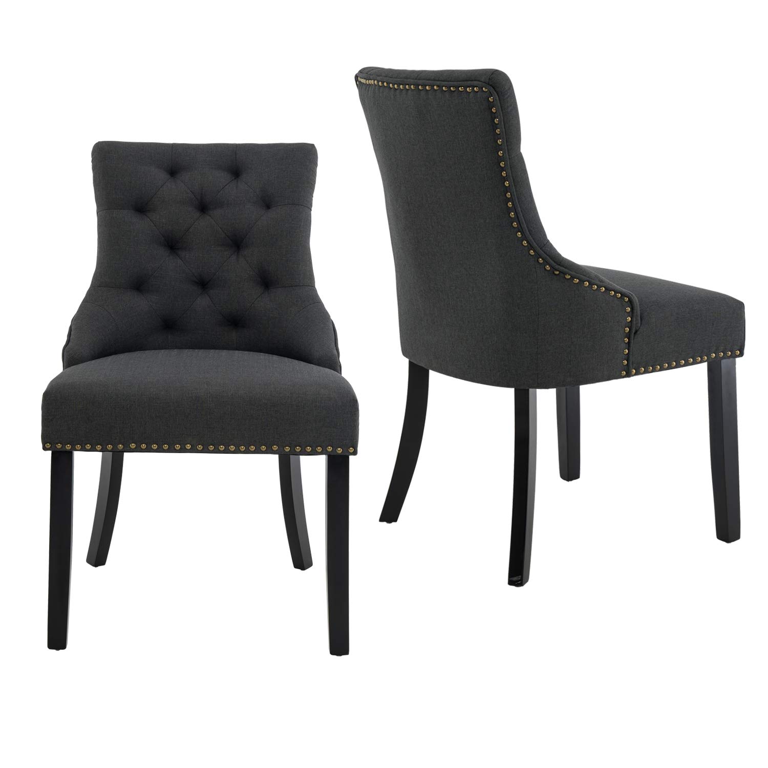 Homy Grigio Fabric Dining Chairs Set of 2 - Modern Upholstered Living Room Chairs with Nailed Trim & Solid Wood Legs (Charcoal) - Perfect for Dining Rooms, Kitchens & Home Offices