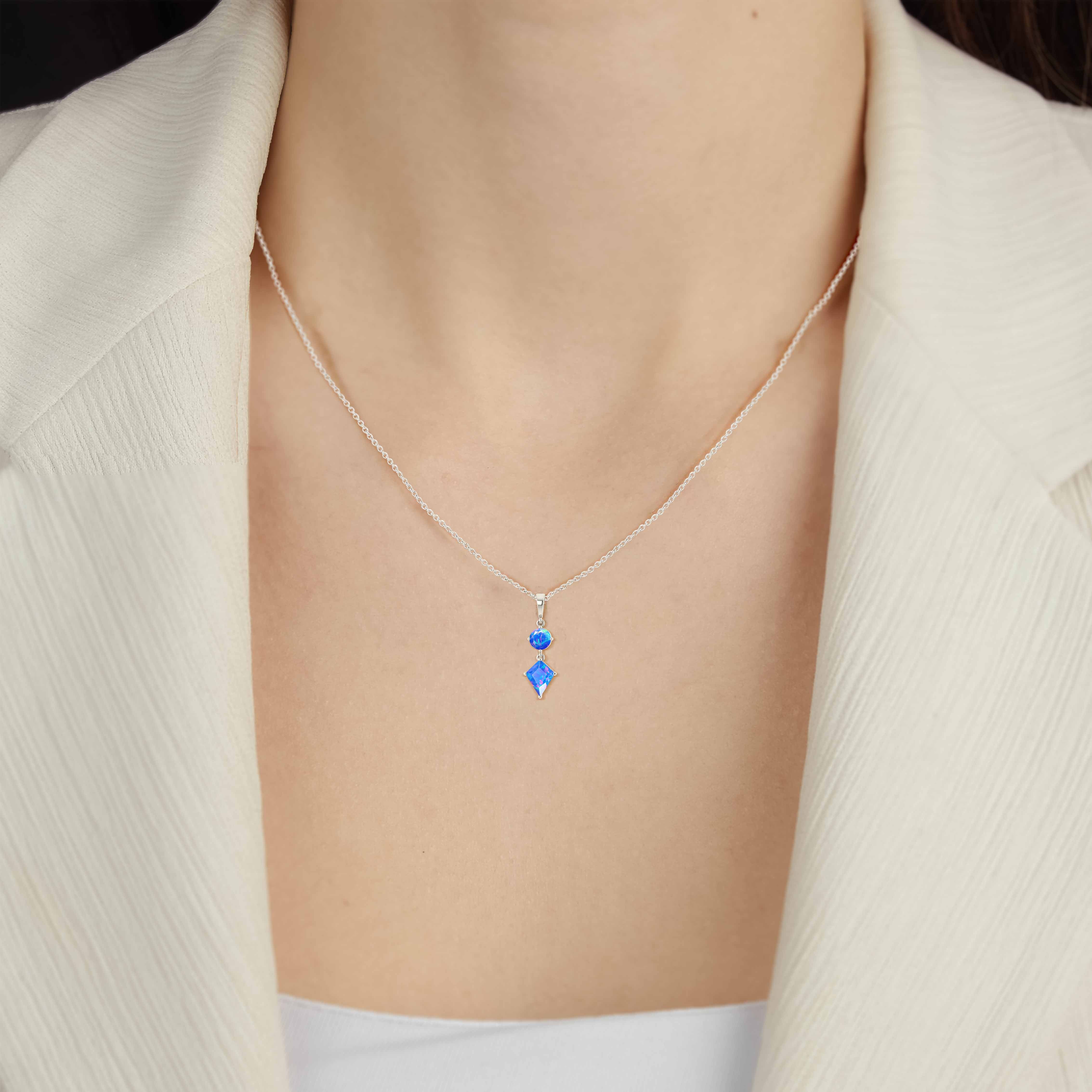 Natural Blue Opal Dual Stone Long Chain Pendant Necklace for Women - Elegant Boho Jewelry Gift for Birthday, Anniversary & Special Occasions