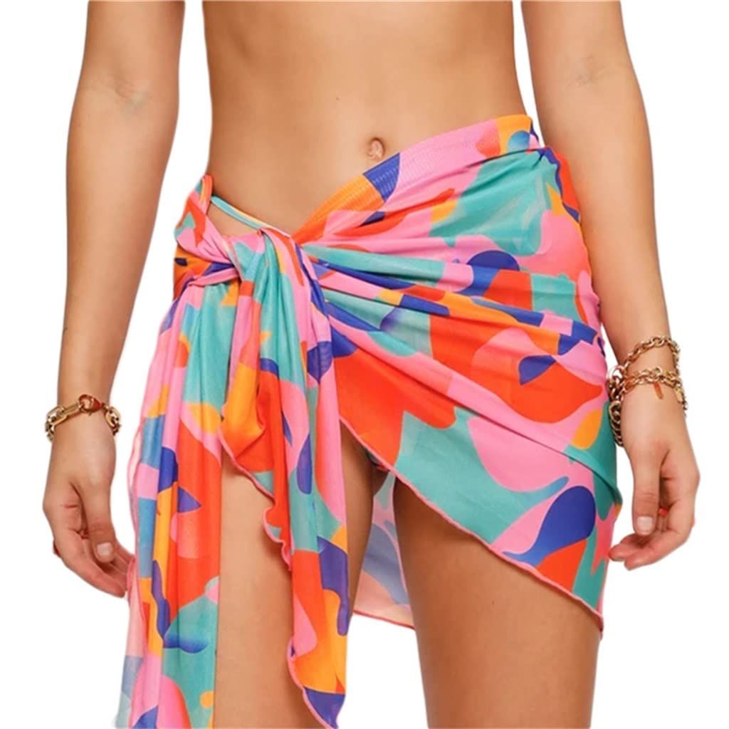 Boho Print Swimsuit Cover Up Skirt for Women - Tie Up Wrap Mini Skirt Sarong Beachwear (Orange, One Size) | Perfect for Poolside, Beach Vacations & Summer Outfits