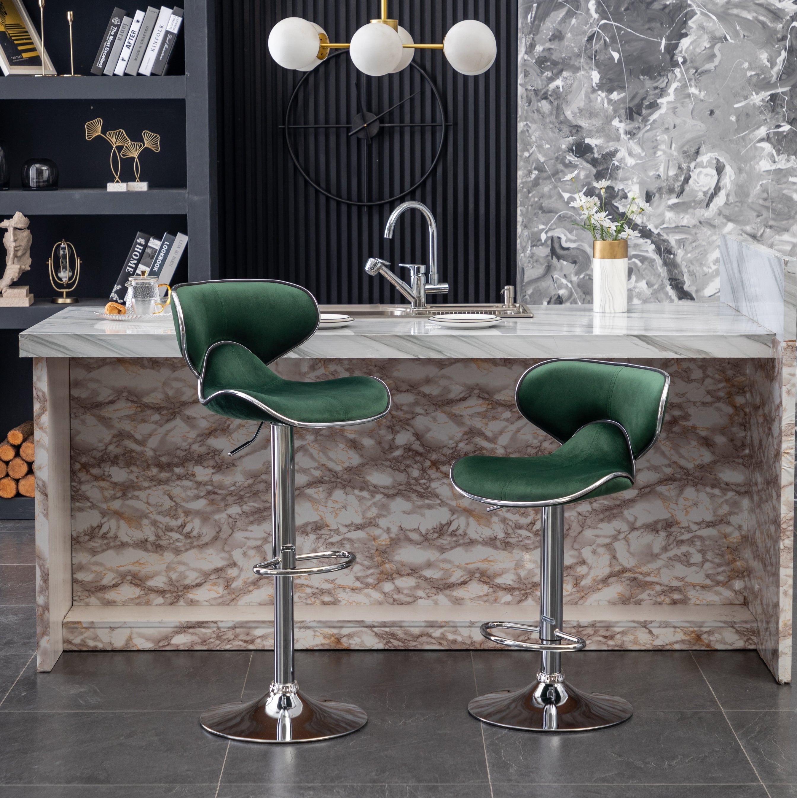 Roundhill Furniture Masaccio Velvet Adjustable Swivel Bar Stool - Set of 2, Green Upholstered Counter Height Stools for Kitchen Island, Bar & Breakfast Nook