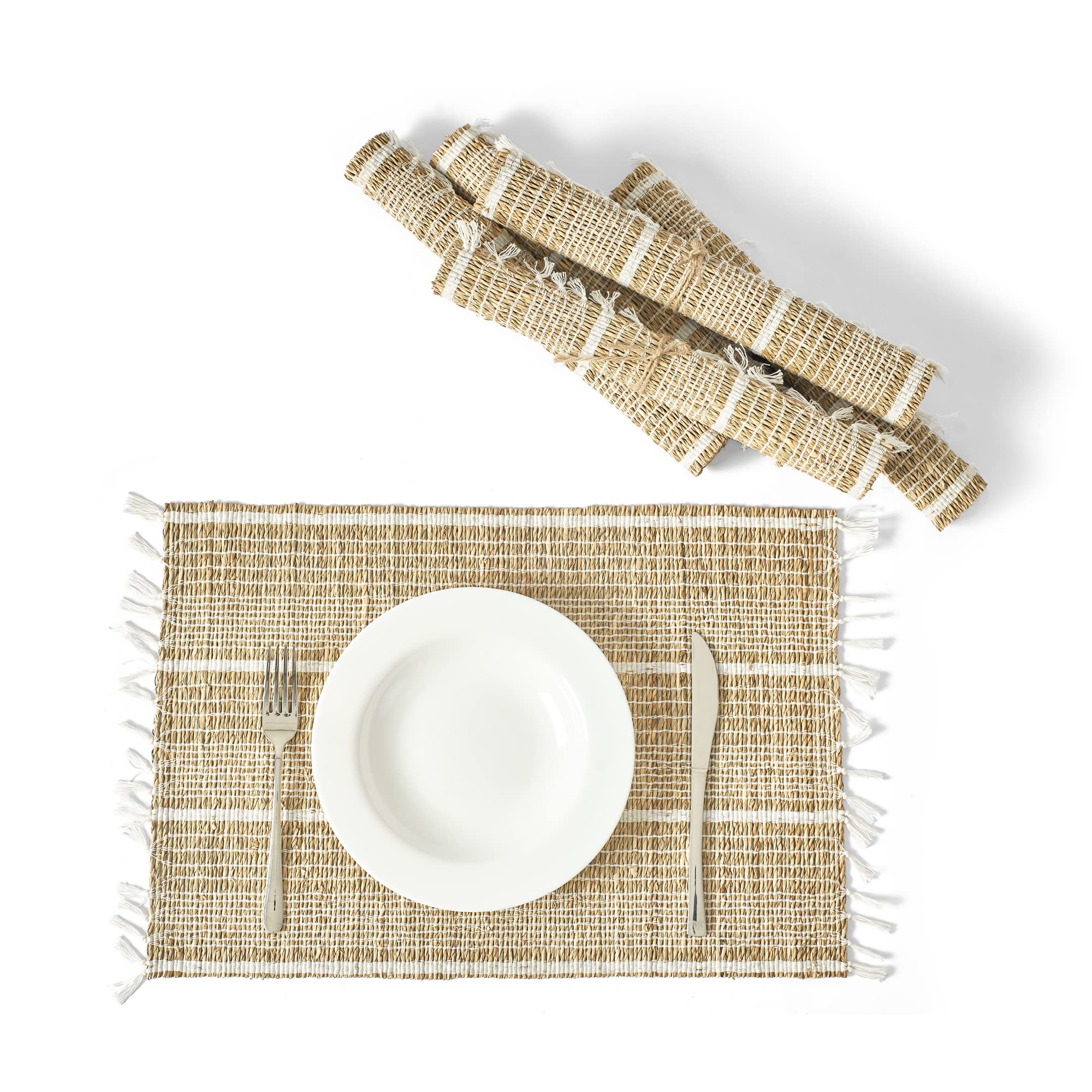 Artera Woven Placemats Set of 6 - Natural Wicker & Seagrass Straw Braided Table Mats, Heat Resistant Non-Slip Handmade Placemats for Dining Table, Kitchen, Outdoor Picnic (Style 2)
