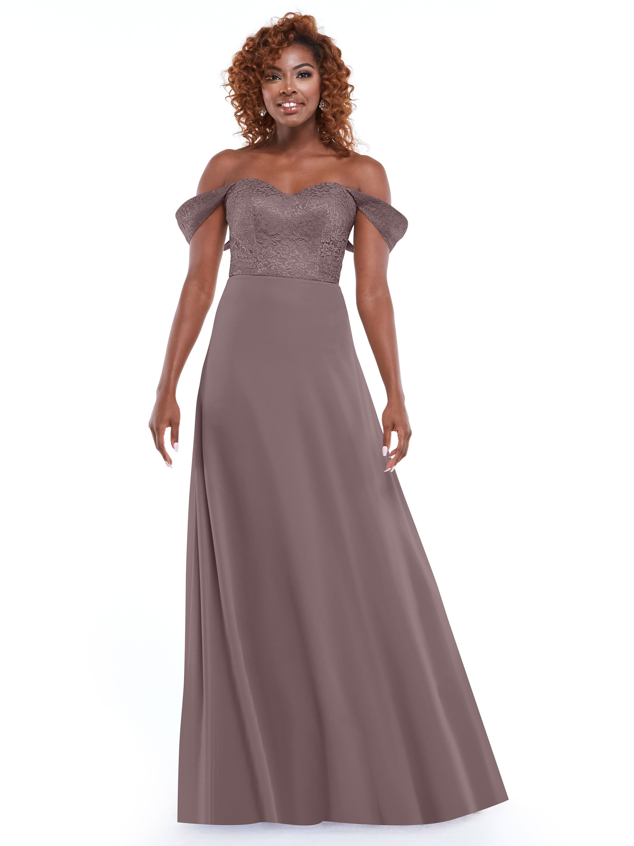 Elegant Off-the-Shoulder Chiffon A-Line Bridesmaid Dress with Lace Bodice - Perfect for Weddings, Formal Events & Special Occasions