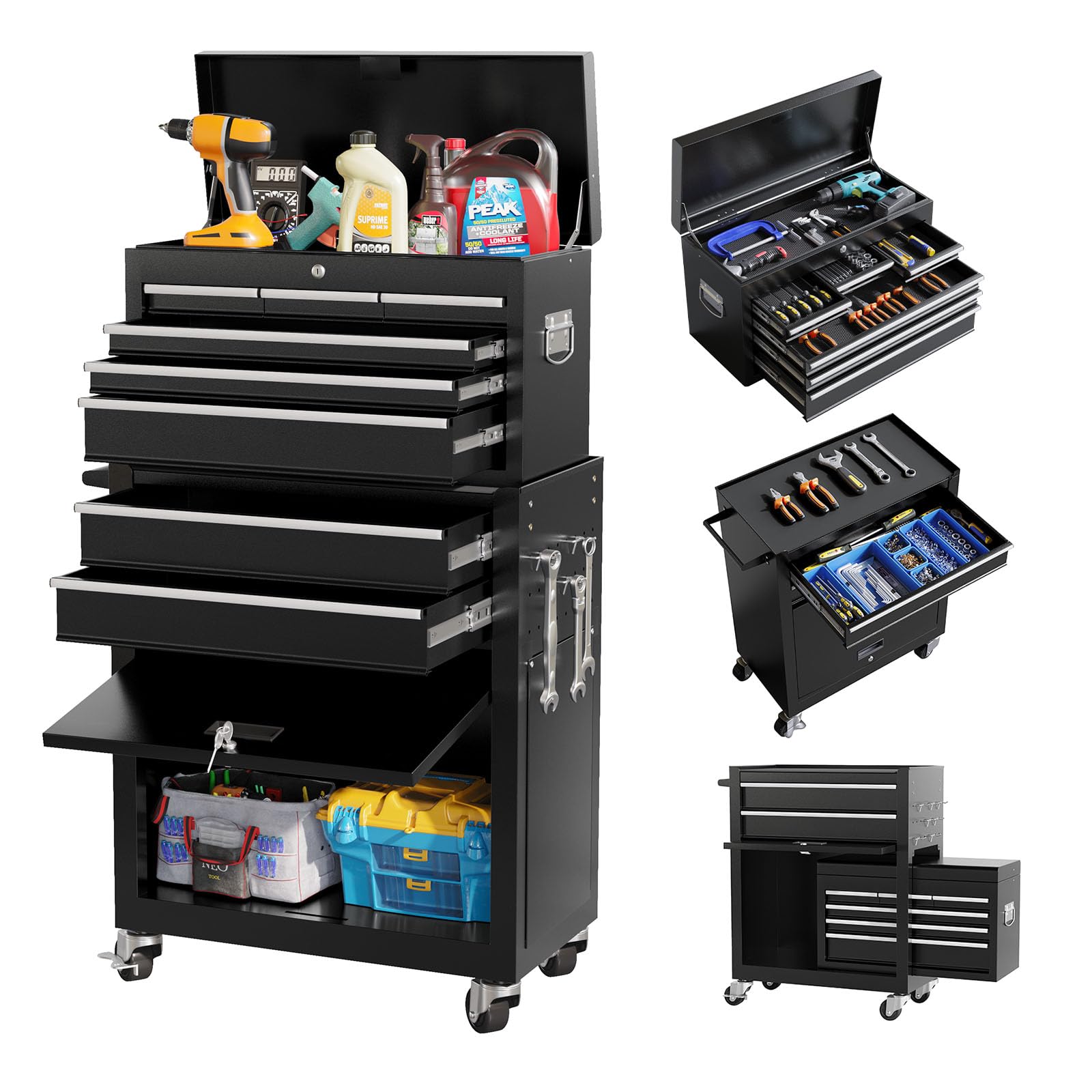 K KELBEL 8-Drawer Rolling Tool Chest with Wheels - 2-in-1 Detachable Tool Cabinet with Sliding Drawers, Brake & Locking System - Heavy Duty Garage & Workshop Storage for Tools, Equipment (Black) - Perfect for Mechanics, DIY Enthusiasts & Professional Technicians