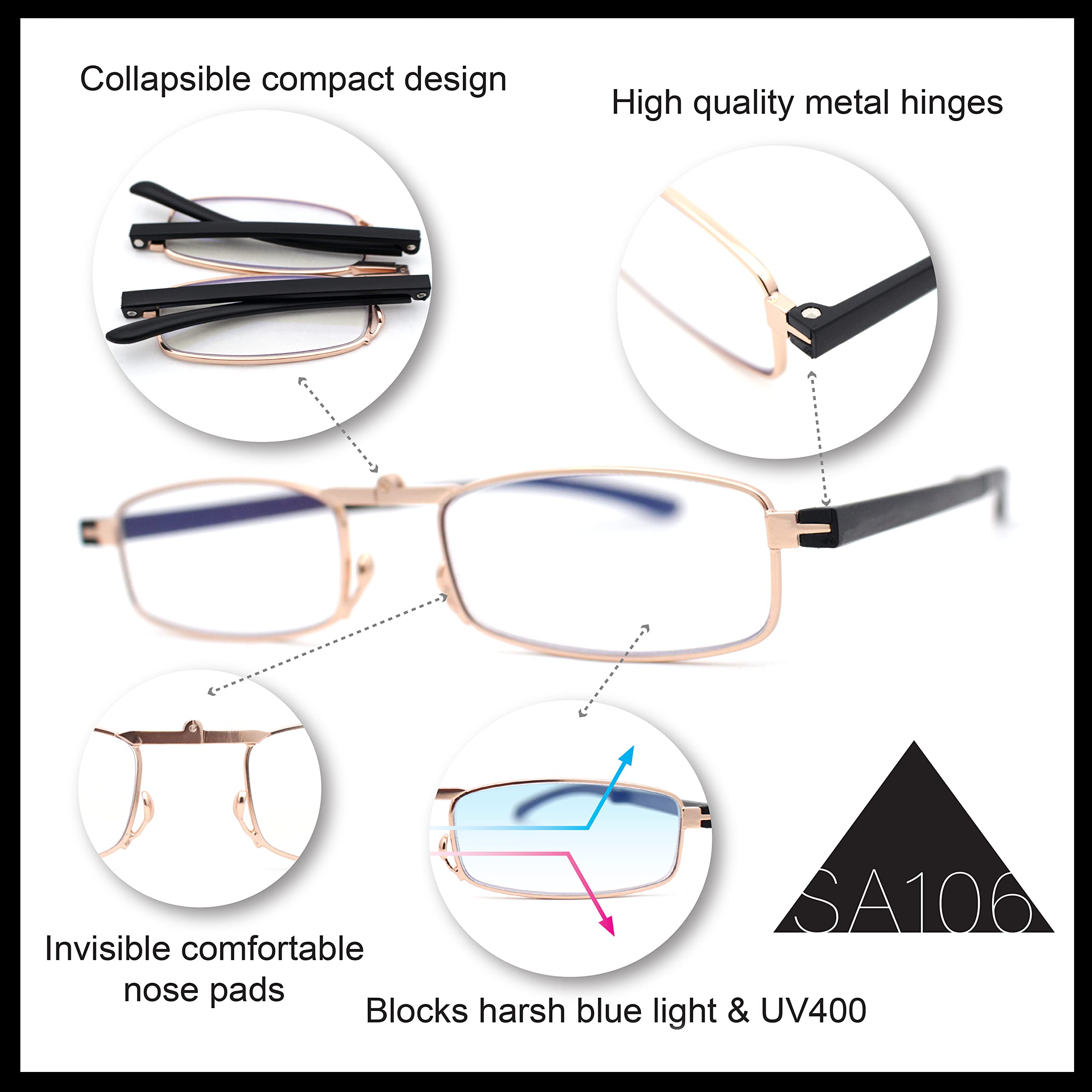 SA106 Blue Light Blocking Reading Glasses - Portable, Lightweight & Phone Attachable for Computer, Reading & Digital Eye Strain Relief