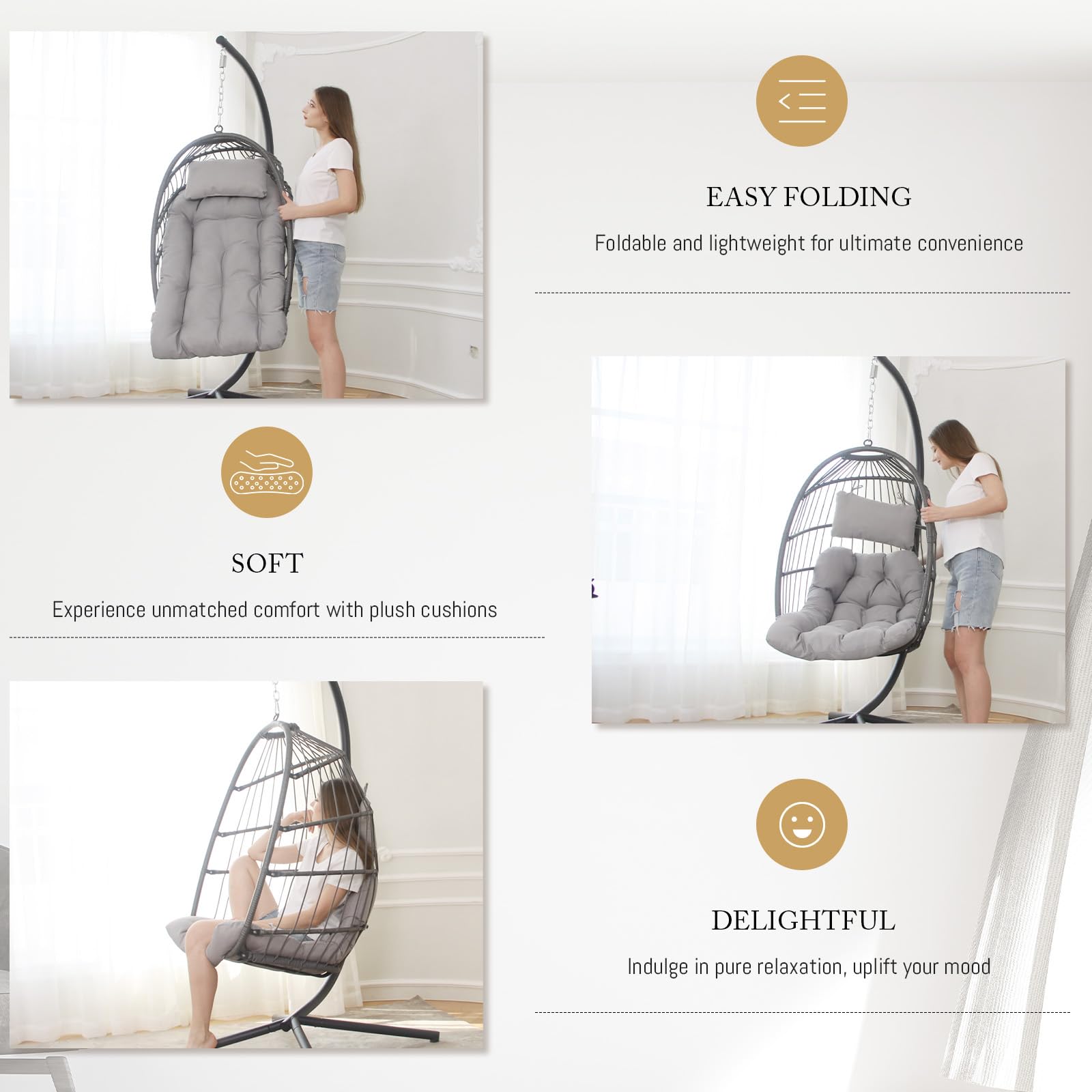 BULEXYARD Swing Egg Chair with Stand - Indoor/Outdoor Wicker Rattan Hanging Chair with UV Resistant Cushions, 350lbs Weight Capacity - Perfect for Bedroom, Balcony, Patio, Garden & Backyard Relaxation (1 Seat, Light Grey)