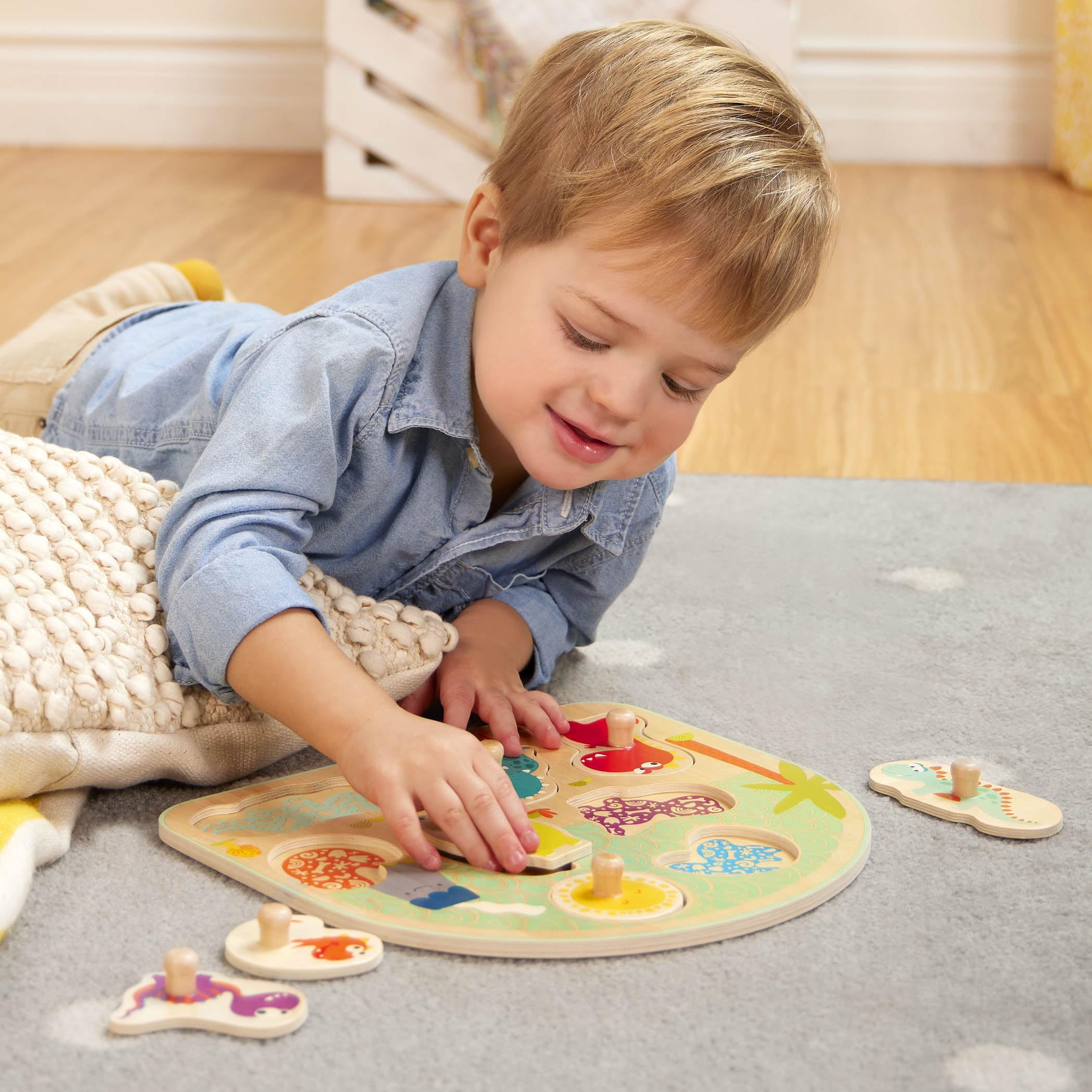 B. Toys Wooden Peg Puzzle 2-Pack - Dinosaur & Farm Animal Puzzles for Toddlers (18+ Months) - 8-Piece Educational Learning Toys for Kids - Perfect for Preschool Activities & Early Childhood Development