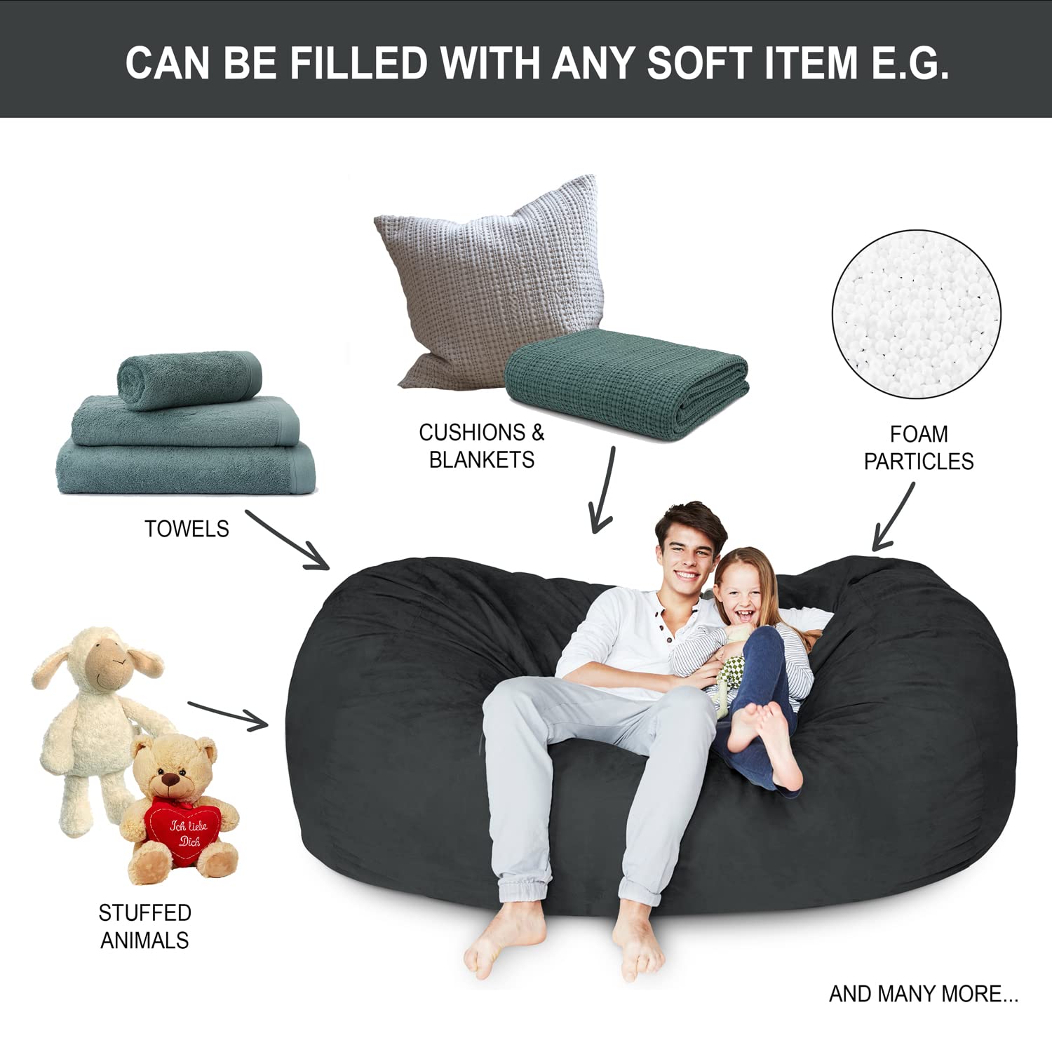 Luxury Microsuede Bean Bag Cover - Machine Washable 7-Foot Replacement Slipcover with Light Blue Inlay | Perfect for Living Room, Game Room & Dorm Decor
