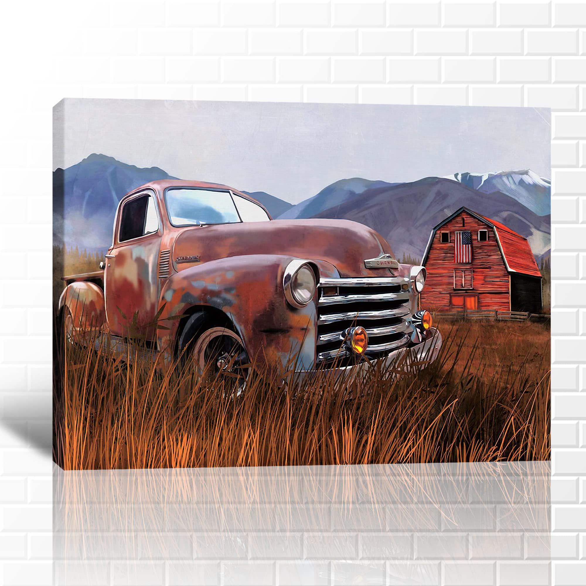 TIMUBA Rustic Vintage Truck Canvas Wall Art - 18x24 Inches Farmhouse Decor, Country Style Old Truck Painting for Living Room, Bedroom & Office - Perfect for Western, Industrial & Farmhouse Interior Design