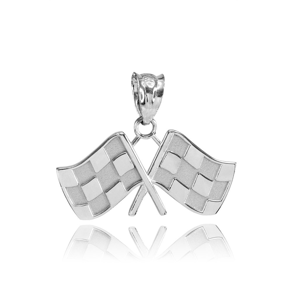 10K White Gold Racing Flag Charm Pendant - Perfect for Motorsport Fans