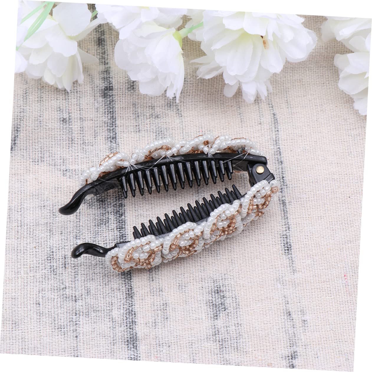 FOMIYES Acrylic Bead Hair Clip - Vertical Ponytail Holder for Women & Girls, Fashion Hair Accessories (Rice White/Light Brown) | Perfect for Parties, Weddings & Daily Styling