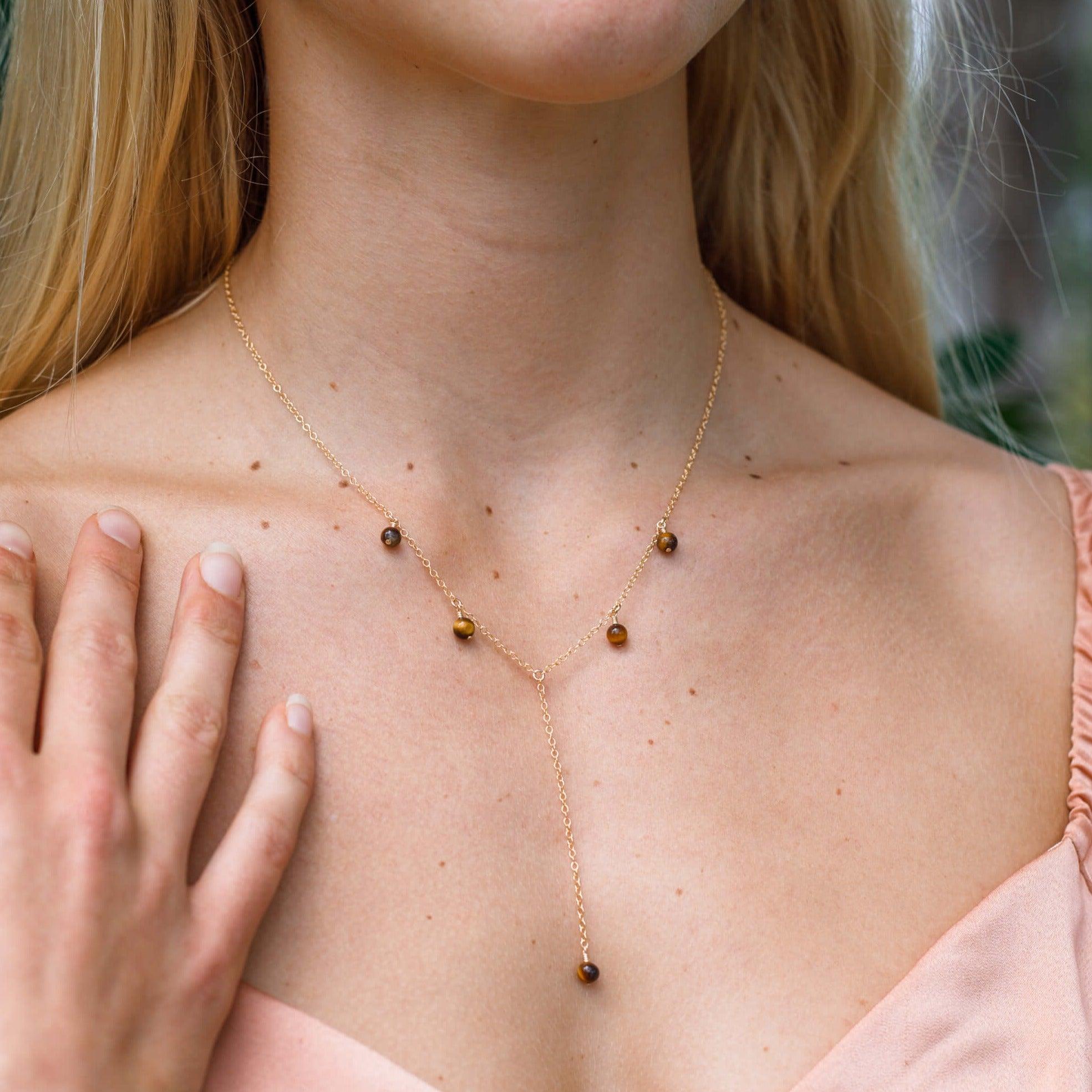 Tiger's Eye Crystal Boho Lariat Necklace - Natural Stone Jewelry for Women | Elegant Layered Statement Piece for Boho Fashion, Spiritual Healing & Everyday Wear
