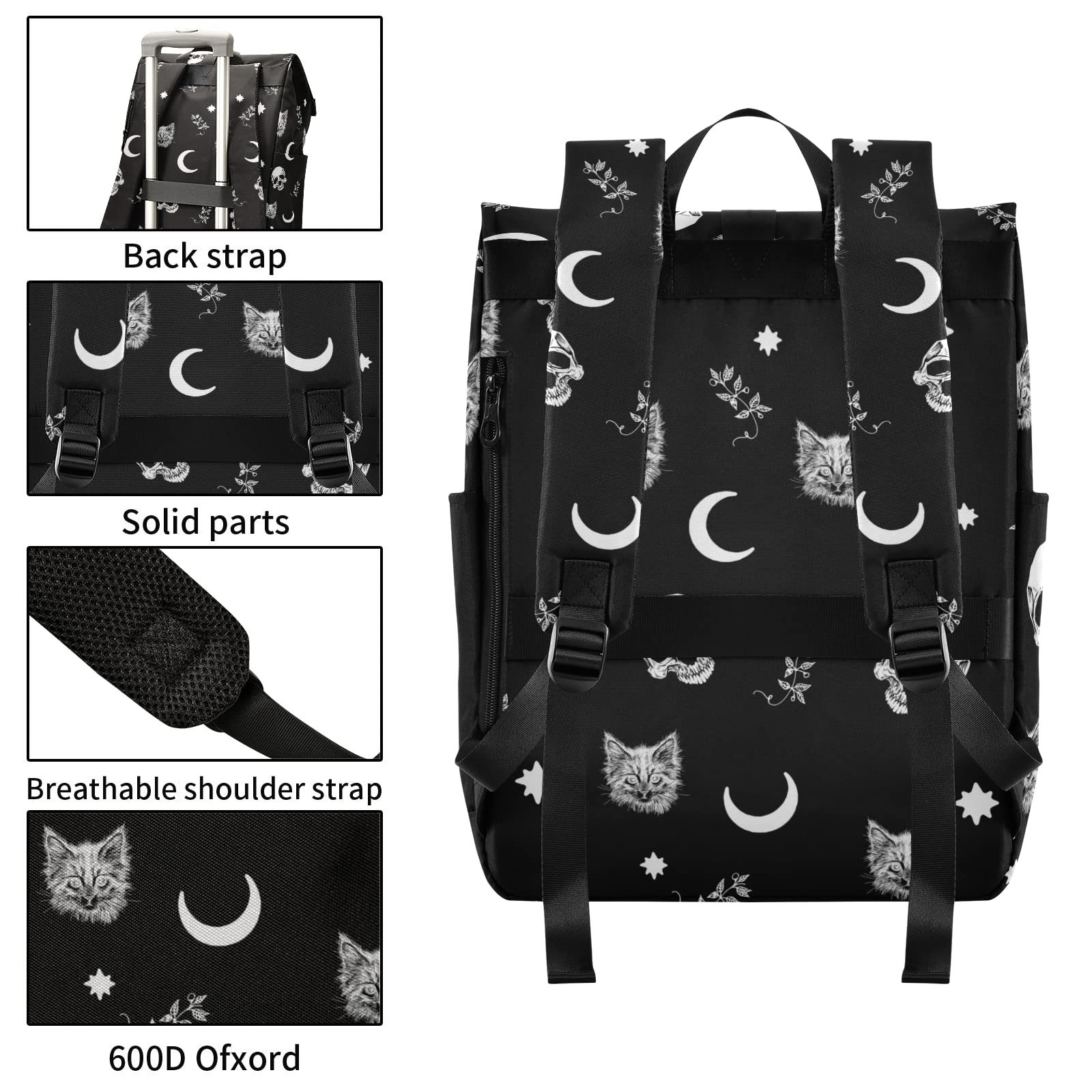 Expandable Waterproof Travel Backpack for Men - Trendy Roll Top Skull Cat Moon Design Laptop Backpack | Perfect for Commuting, Hiking & College Students