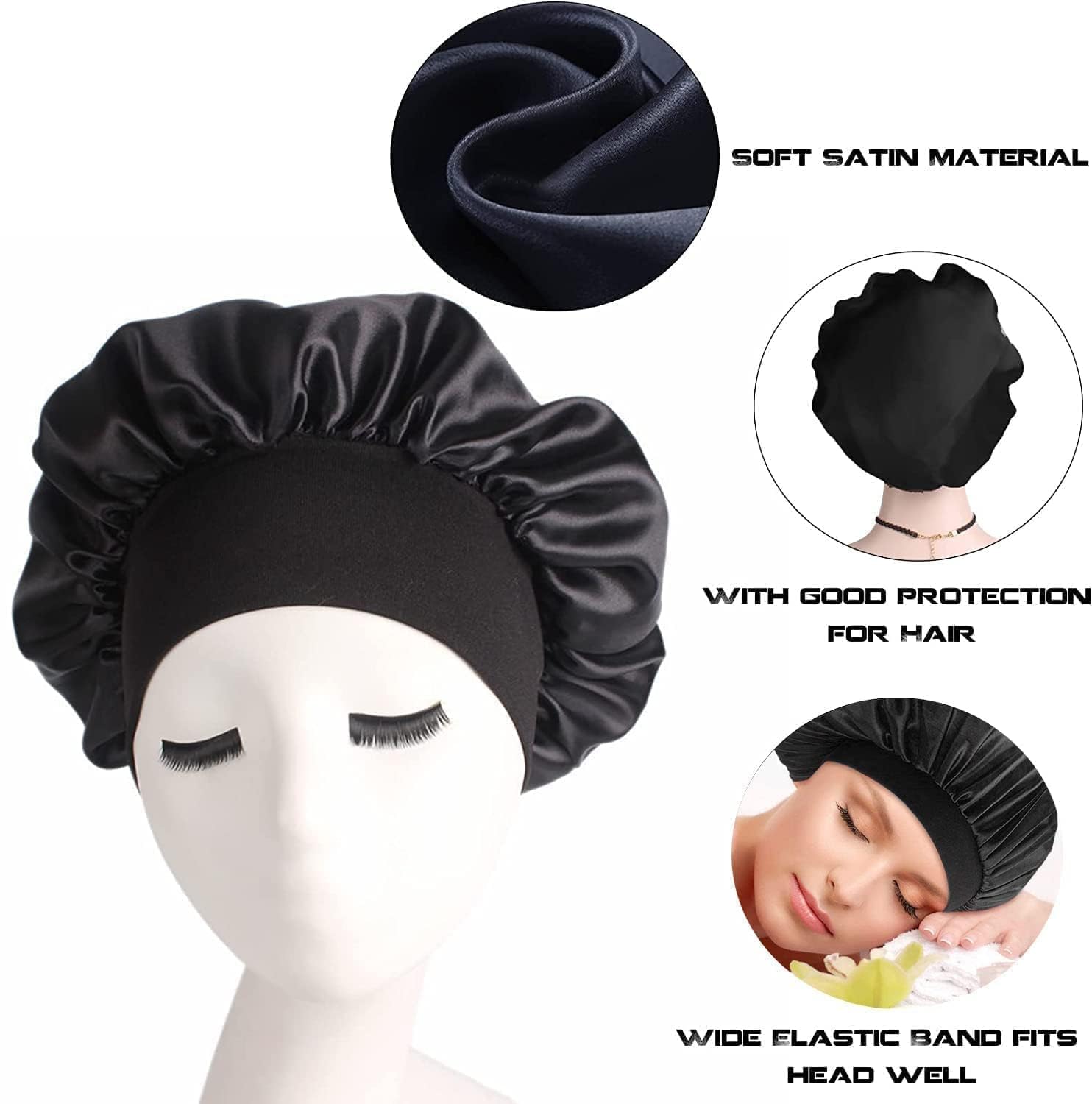Silk Sleep Bonnet for Women & Girls - Adjustable Night Cap for Curly & Black Hair - Black One Size - Perfect for Nighttime Hair Protection & Styling
