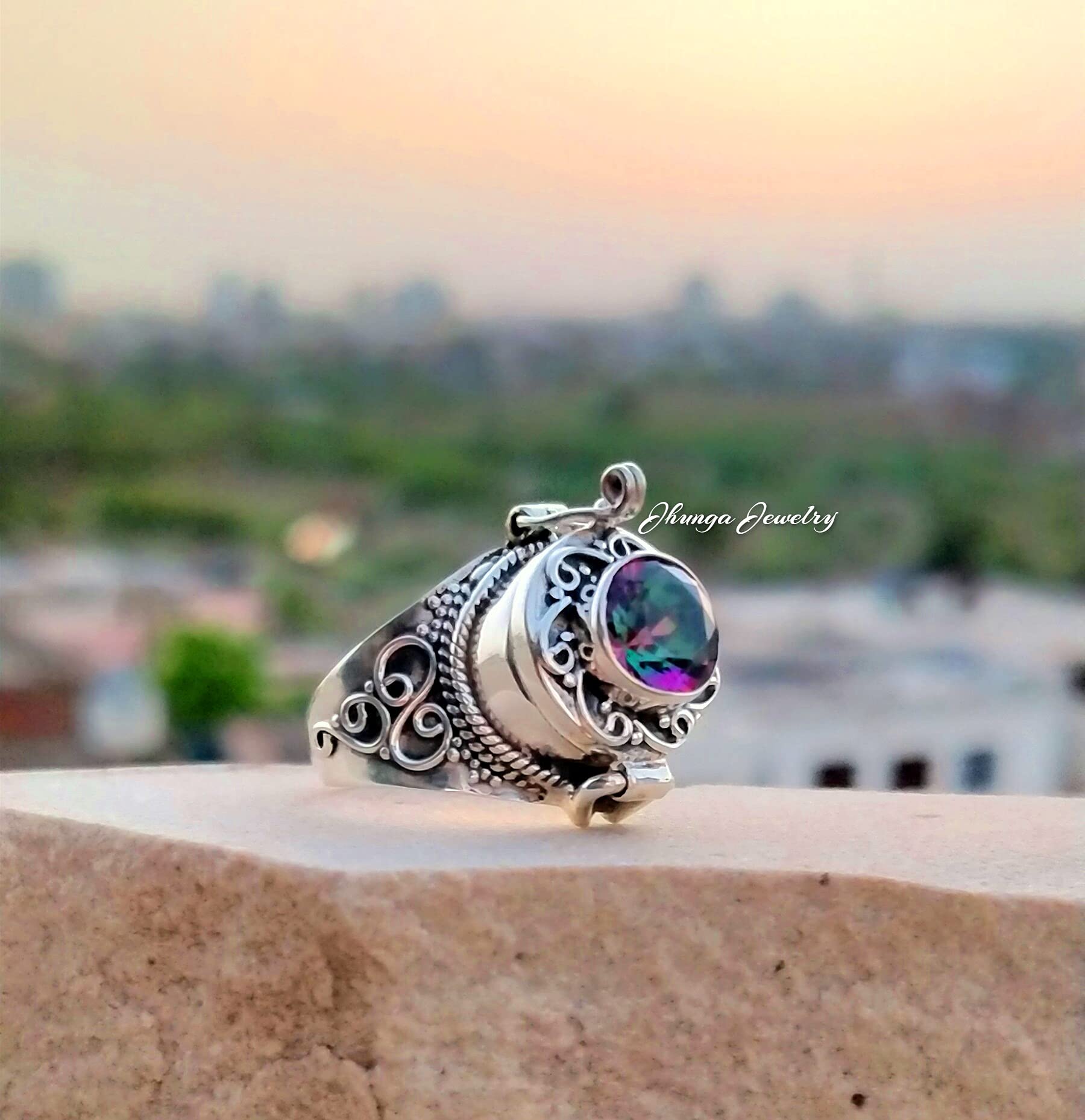 Handmade 925 Sterling Silver Mystic Topaz Poison Ring - Secret Box Ring with Openable Compartment, Rainbow Moonstone Jewelry for Gothic Fashion & Medieval Cosplay