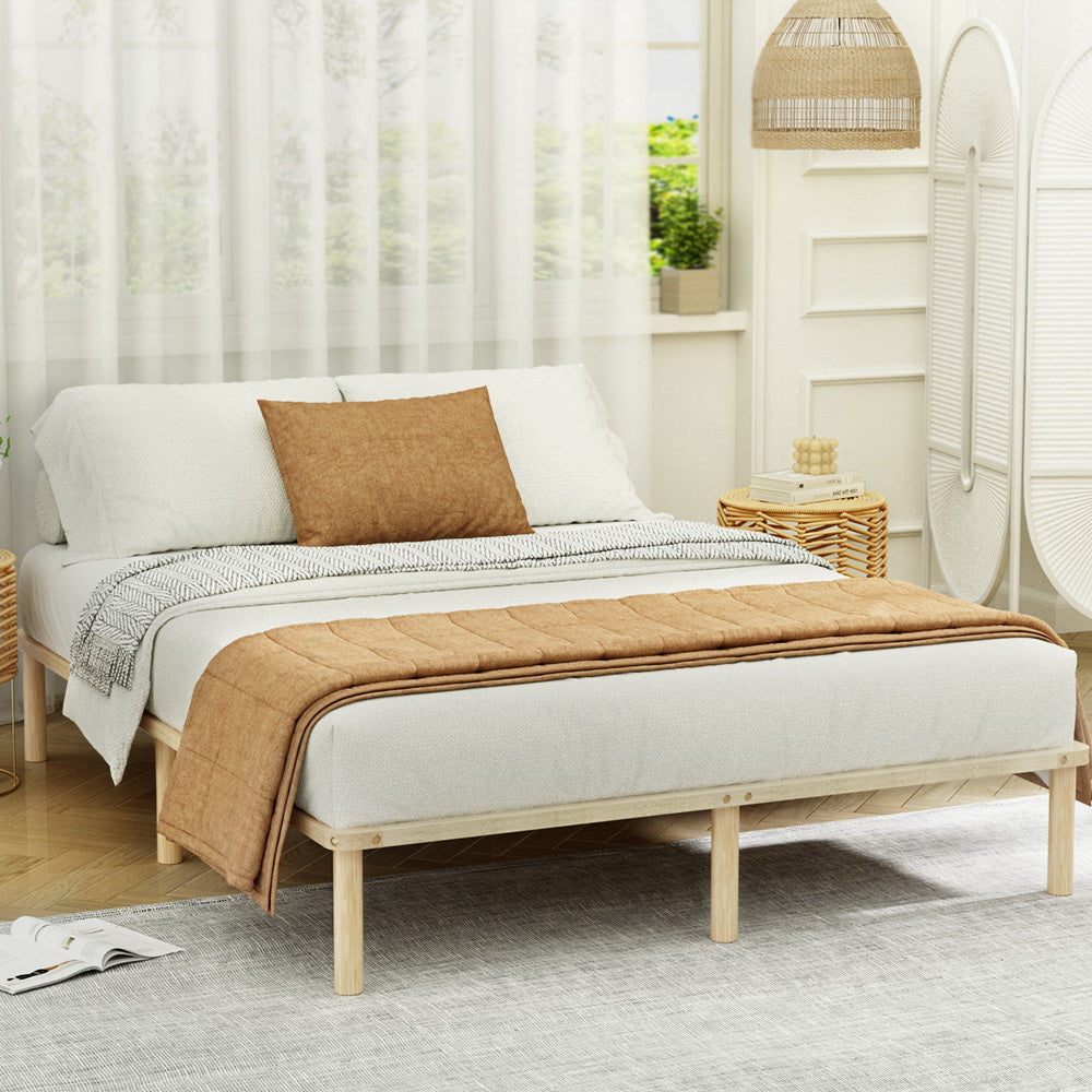 Minimalist Double Wooden Bed Frame - Solid Pine Wood Platform Bed with Headboard - Perfect for Modern Bedrooms, Guest Rooms & Small Spaces