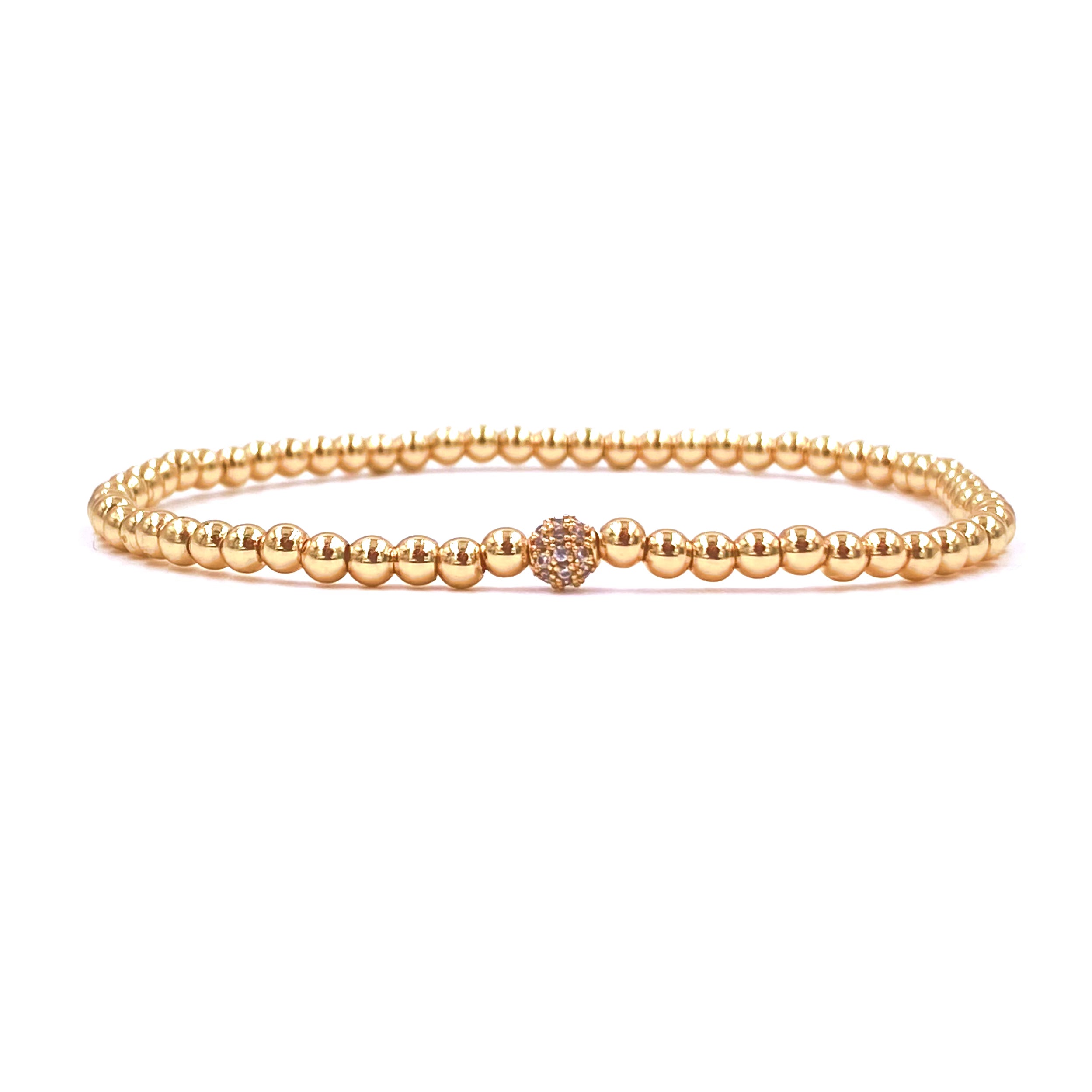 Ashley Gold Stainless Steel Gold Plated Single CZ Ball Stretch Beaded Bracelet for Women - Elegant Fashion Jewelry Gift for Birthday, Anniversary & Special Occasions